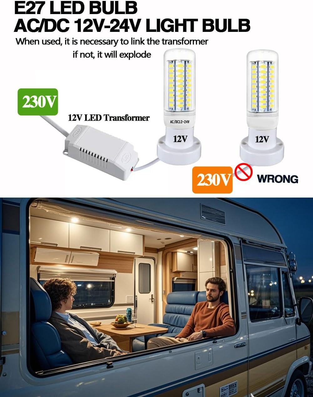 Wossluck LED E27 Corn Bulb, 4W 12V-24V Low Voltage, 6000K Cool White, 30W Replacement, for Solar Lighting, RV Boat, Caravan Interior Lighting, Pack of 3