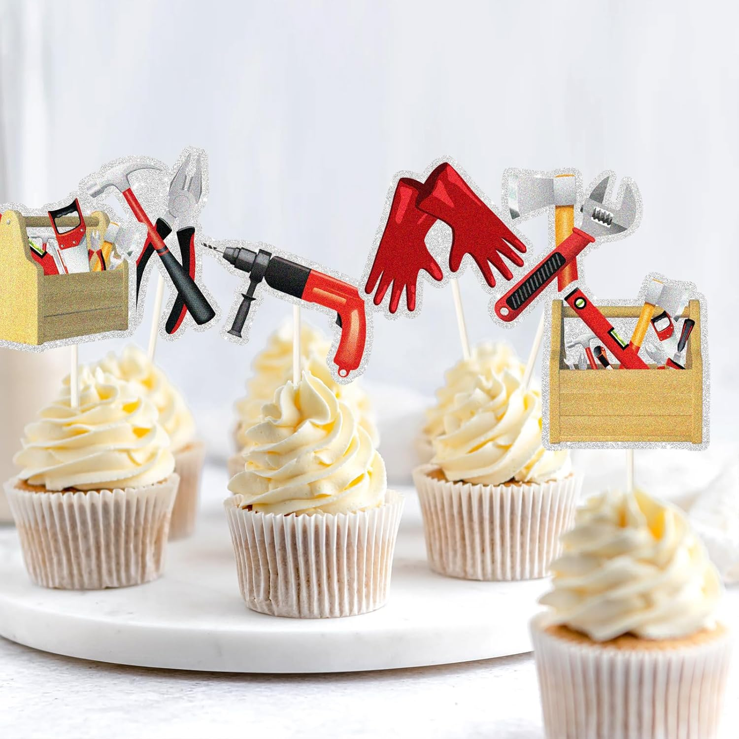 18Pcs Tools Cupcake Cake Toppers, Drill Tape Measure Handsaw Plier Wrench Toolbox Hammer Mechanic Screwdrivers Cupcake Picks,Tools Birthday Party Decorations image number 1