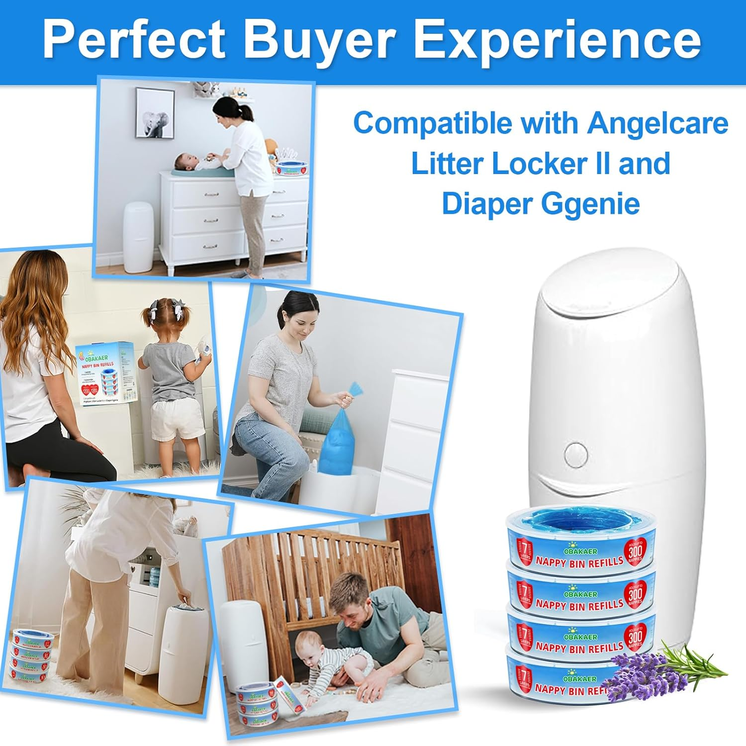 Nappy Bin Refill Cassettes Compatible with Angelcare Nappy Bin & Litter Locker II, Pack of 4 Nappies, Extra Length and Thickness, Strong Odour Elimination Lavender Fragrance for Babies image number 4