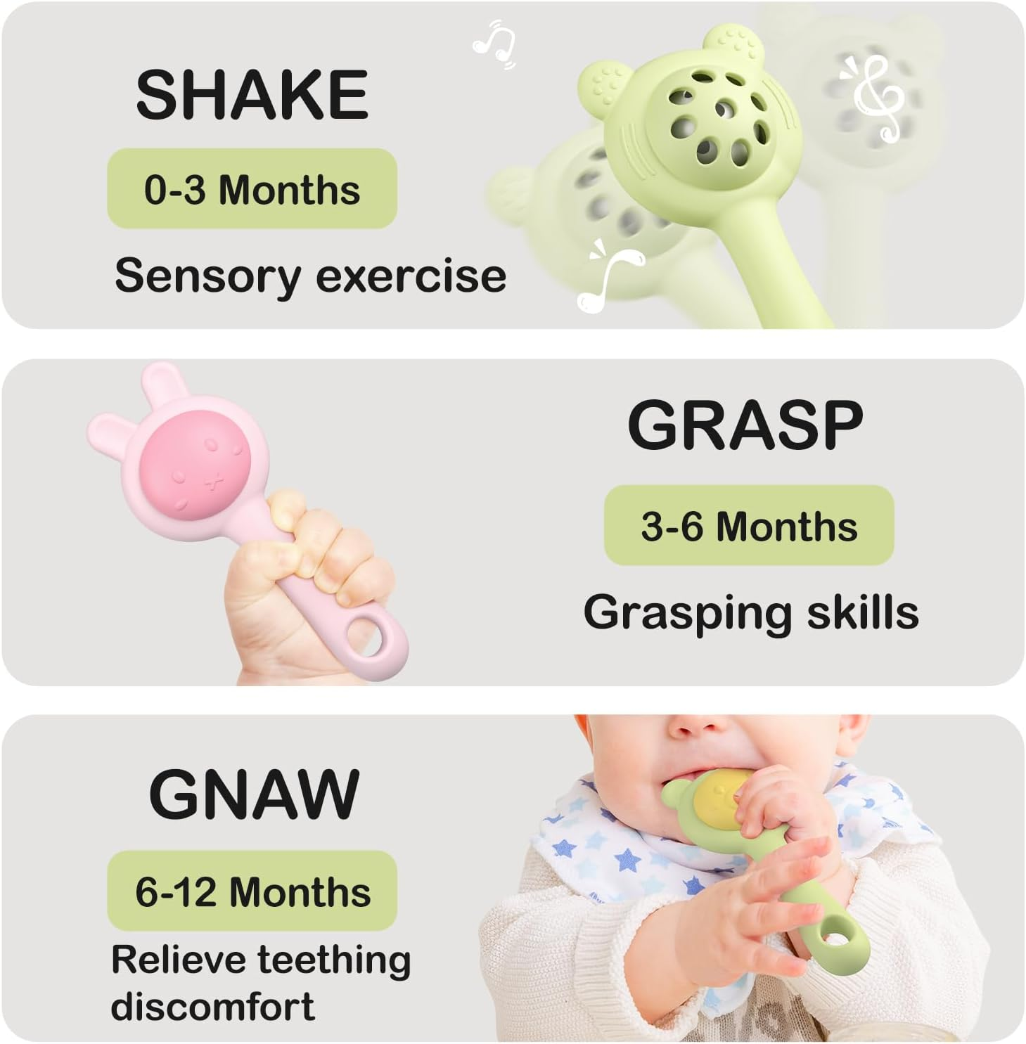 Textured Silicone Teething Toys for Baby, 2 in 1 Rattle and Teether Toy, Sensory Exploration and Teething Relief, Easy to Hold Handles, 0+ Months (Pink) image number 3