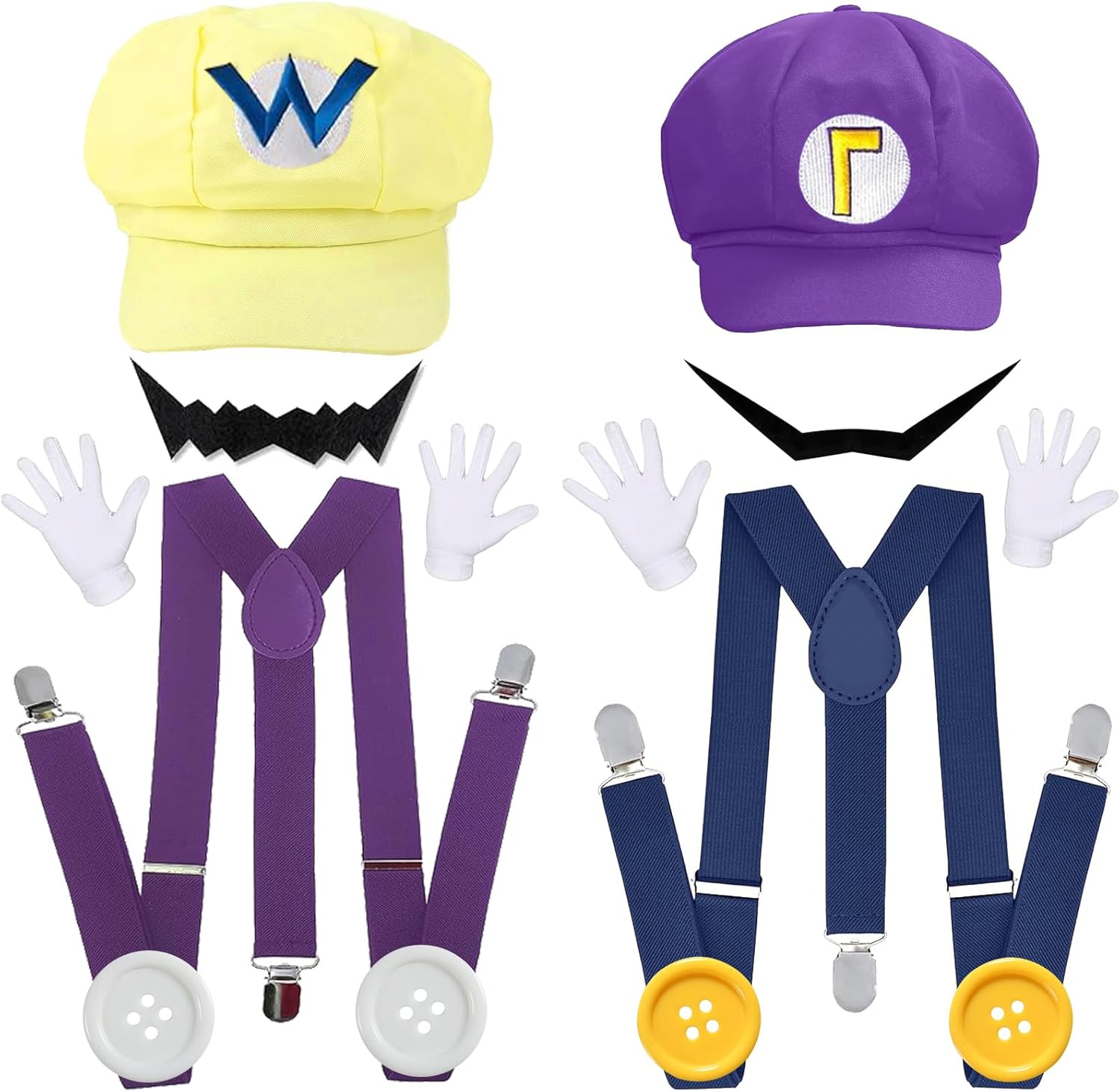 Yaliuliu Novelty Wari and Waluig Costume for Adults,Women and Men - Complete Halloween & Cosplay Accessory Set with Hat, Mustache, Gloves, Buttons, and Suspenders, Yellow and Purple image number 6