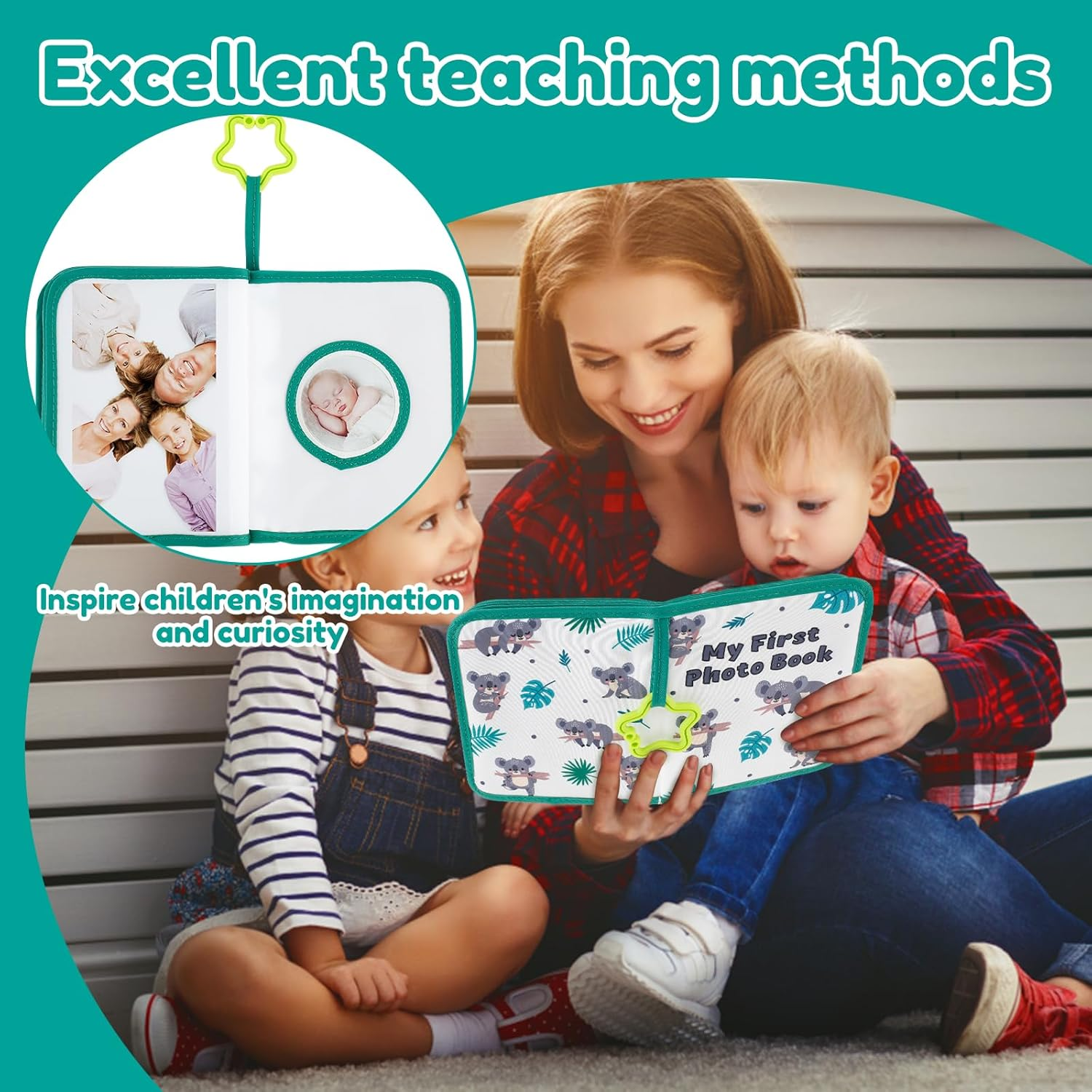 Soft Cloth Photo Book - Cloth My First Photo Book Free Illustration Baby Photo Album with Plastic Star Hook inside Smooth Page First Year Memory Album Safe Photo Album for Baby (Green) - Blue image number 2