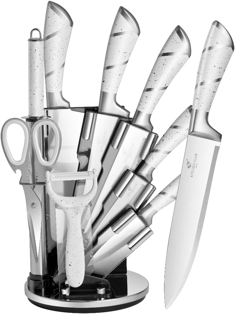 Knife Set 9Pc Stainless Steel, Professional Chef Knives with Ultra Sharp Blade, 360 Degree Rotating Block Stand, Pristine Marble White