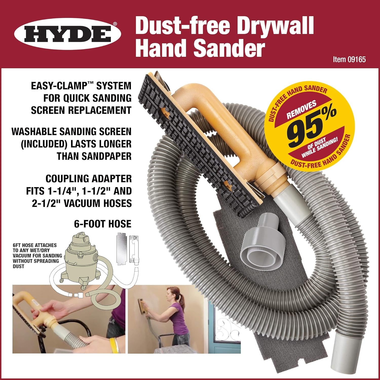 Hyde Tools 09165 Dust-Free Drywall Vacuum Hand Sander, 09165