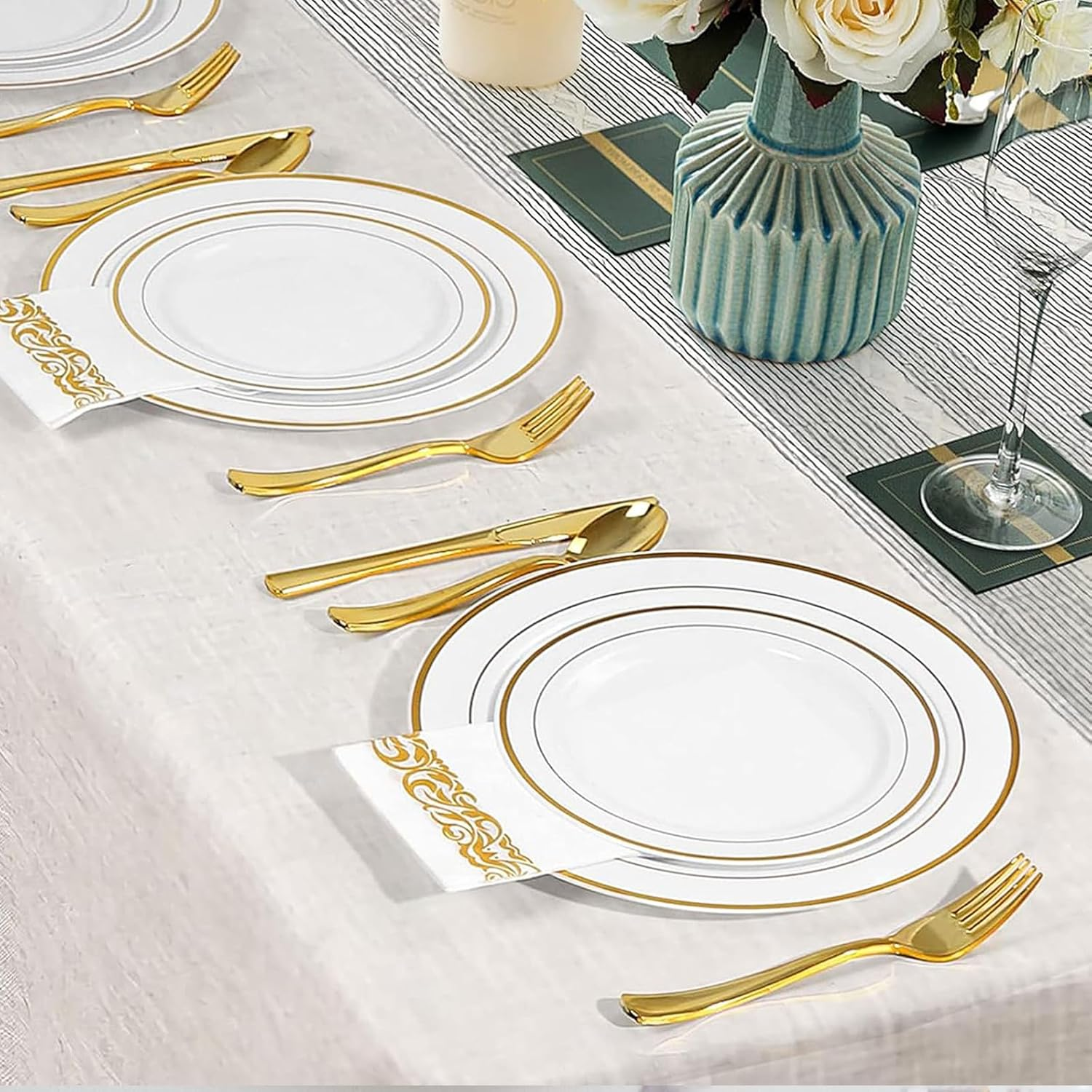 175 Pieces Gold Dinnerware Set for 25 Guests, Party Plate Sets White Plates with Gold Lace Rim Design, Including 25 Reusable Dinner Plates, Dessert Plates, Silverware Set, Cups and Napkins