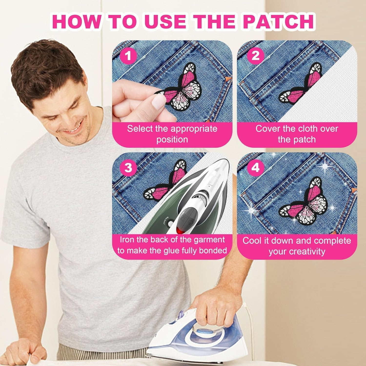 87 Pack Iron on Patches for Clothes, Assorted Styles Sew on Embroidery Patches, Flower Heart Butterfly Star Iron on Patches, Small Iron on Patches for Hats Jeans Jackets DIY image number 2