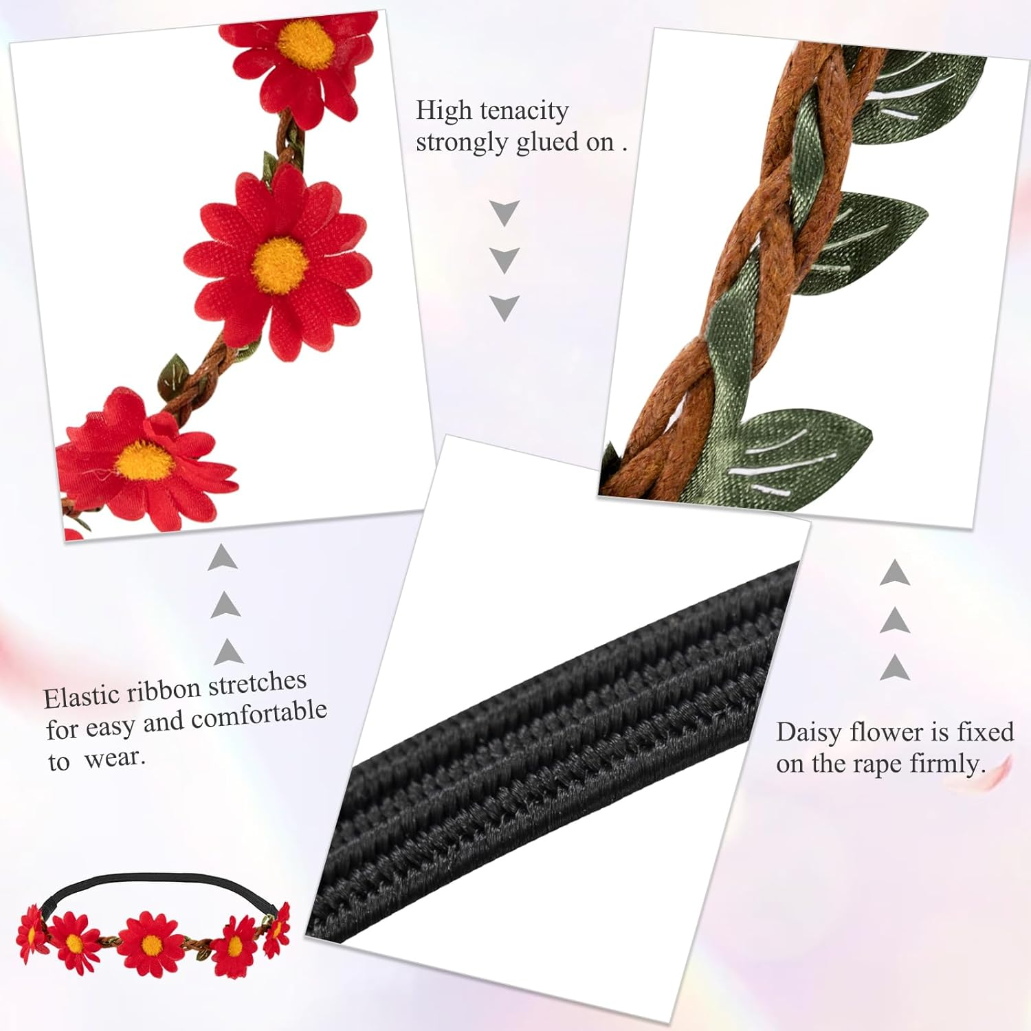 Flower Headband, Multicoloured, Women'S Girls' Flower Crown, Floral Garland Headbands with Elastic Band for Party, Holiday, Festival, Wedding, Pack of 10 image number 1