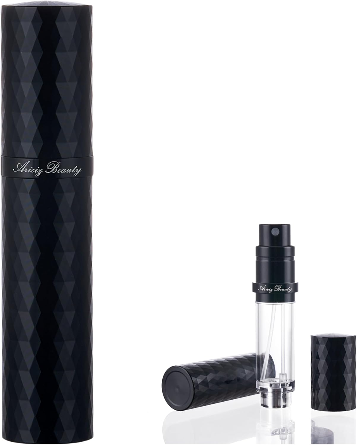 Aricizbeauty Travel Refillable Perfume Atomizer 0.17Fl.Oz/5Ml. Cologne Pocket Recyclable Portable Sprayer Bottle. Mini Scent Pump Case Dispenser Perfume Container (GREY+GLOD)