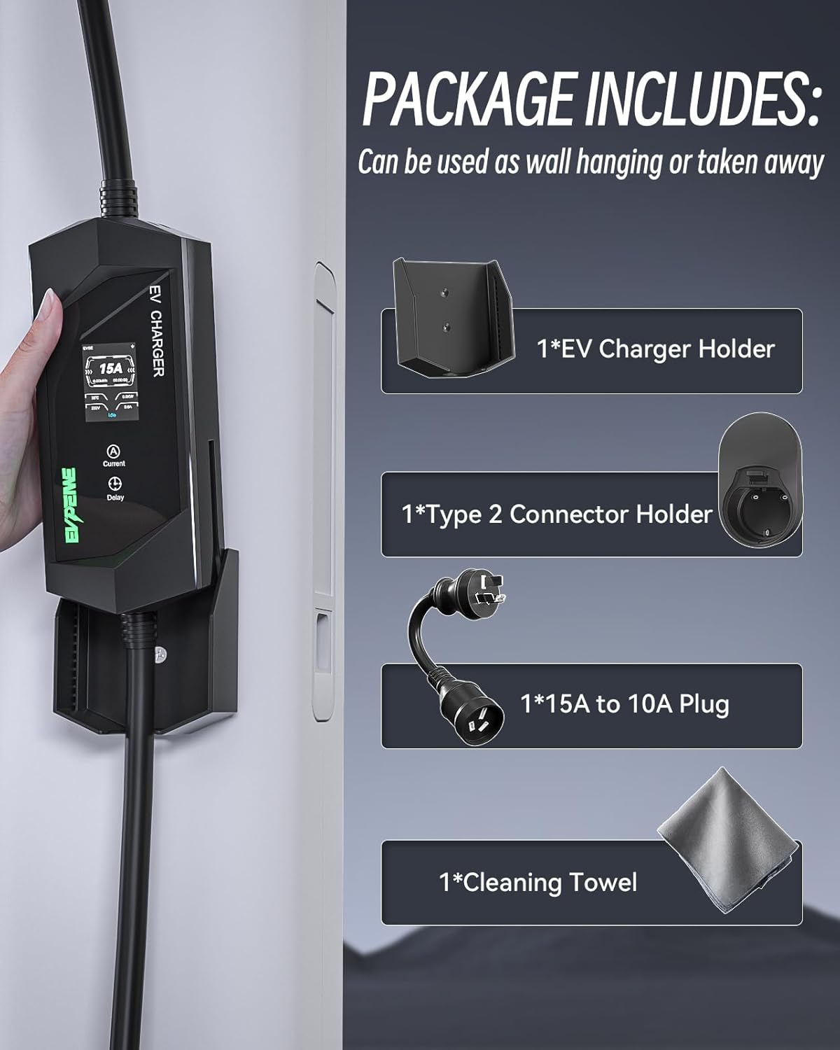 EVPEIWE Type 2 EV Charger 10A/15A EV Charging Cable with Australian 15A Plug/10A Adapter Adjustable Current Portable Type 2 Charger for Tesla BYD MG All IEC-62196 Evs, Black/5M