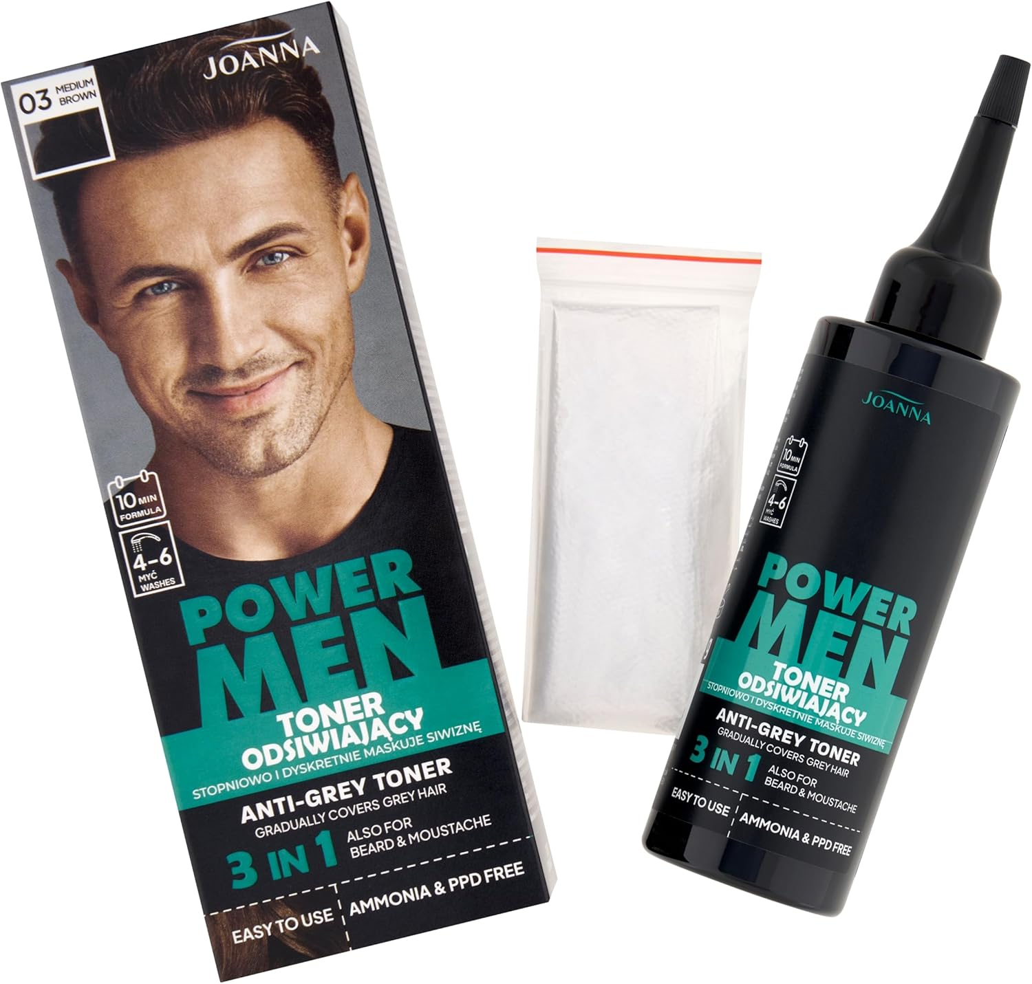 JOANNA Power Men Toner Medium Brown - Grey Hair Conceals in 10 Minutes - Toning for Men - Medium Brown Hair Toner for Beard & Hair - without Roots - 80 G image number 4