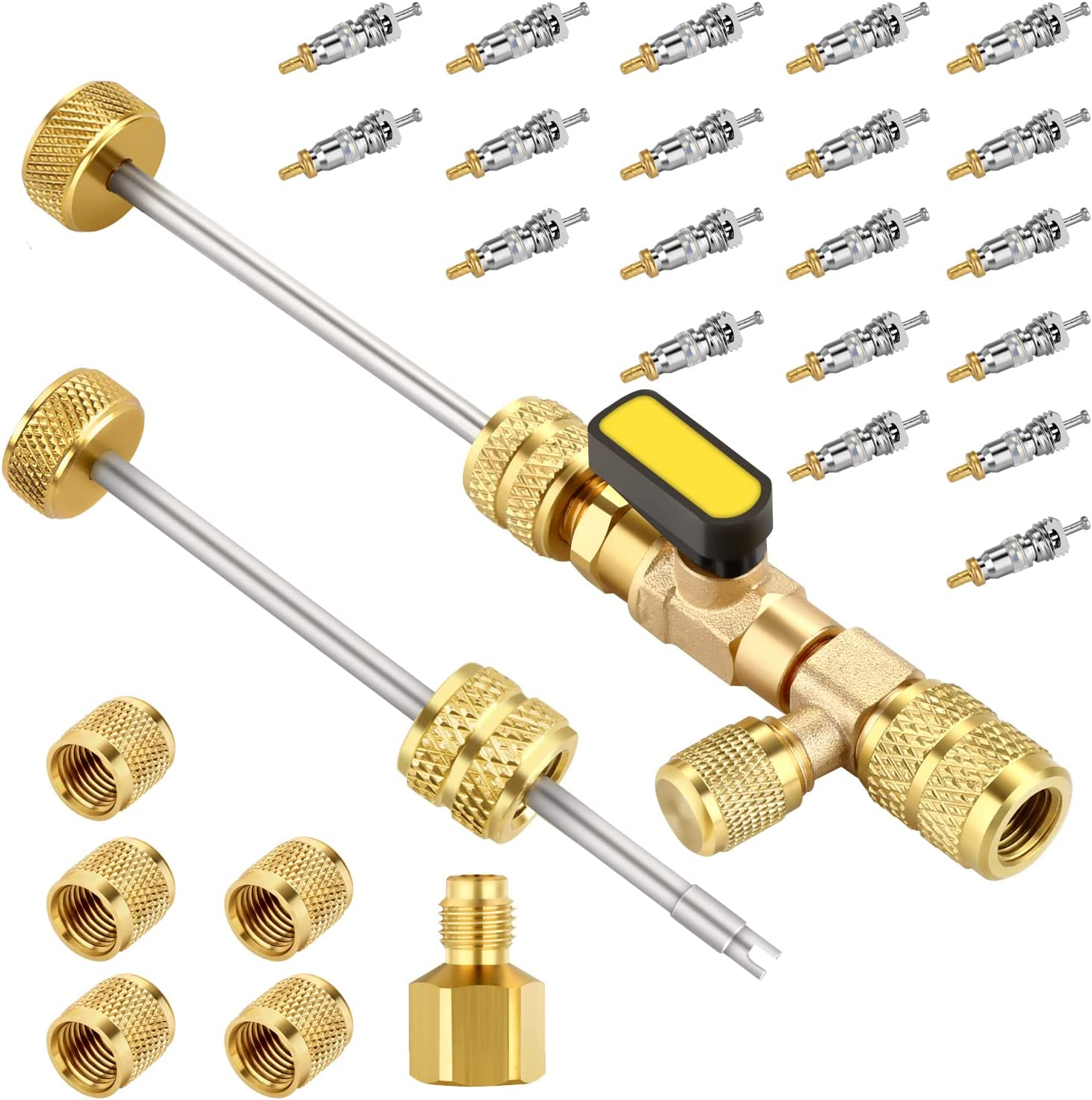 WADEO Valve Core Remover Tool HVAC with Dual Size SAE 1/4 & 5/16 Port, 20 PCS Valve Cores with Teflon Seal, 5 PCS Brass Nuts and Valve Core Rod, Compatible with R410A R32 R22 R12 R407 R404 R600 image number 5