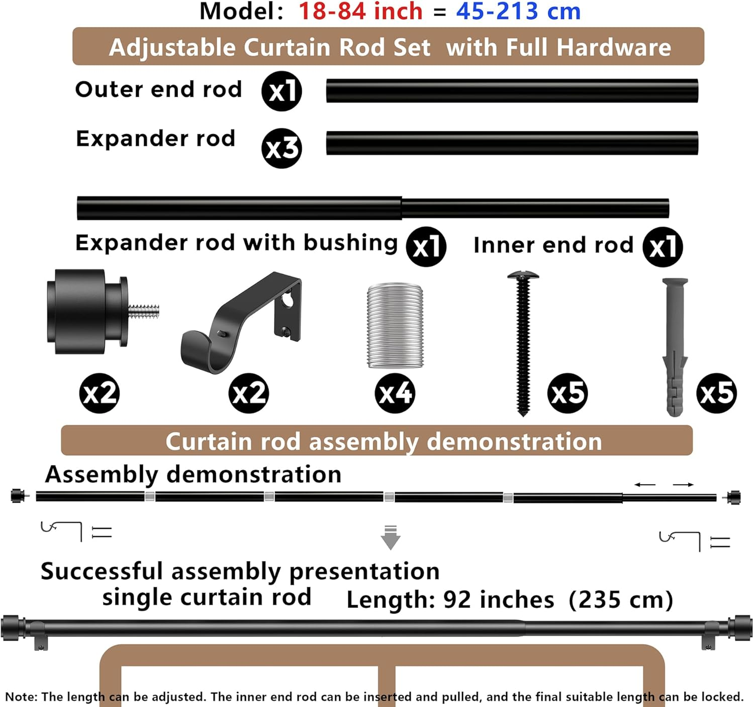 Curtain Rods 213 Cm, 235-Cm Rod Adjustable Length Heavy Duty Decorative Finials Diameter 2.2 Cm,Black