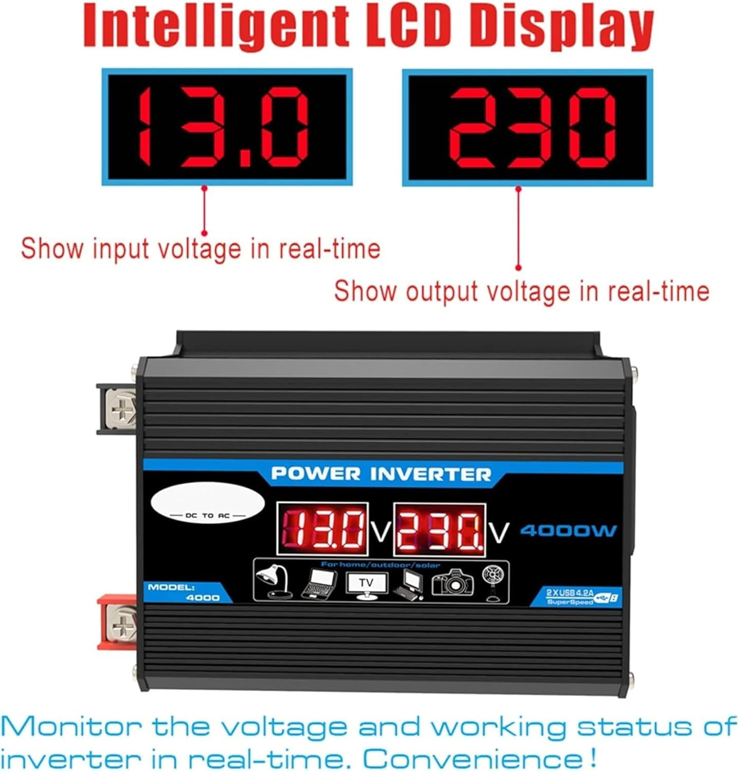 Inncen Power Inverter, 4000W 220V Car Inverter with LED, Black Multi-Protection Car Power Inverter, Dual USB Voltage Transformer for 12V Power Output Vehicle image number 2