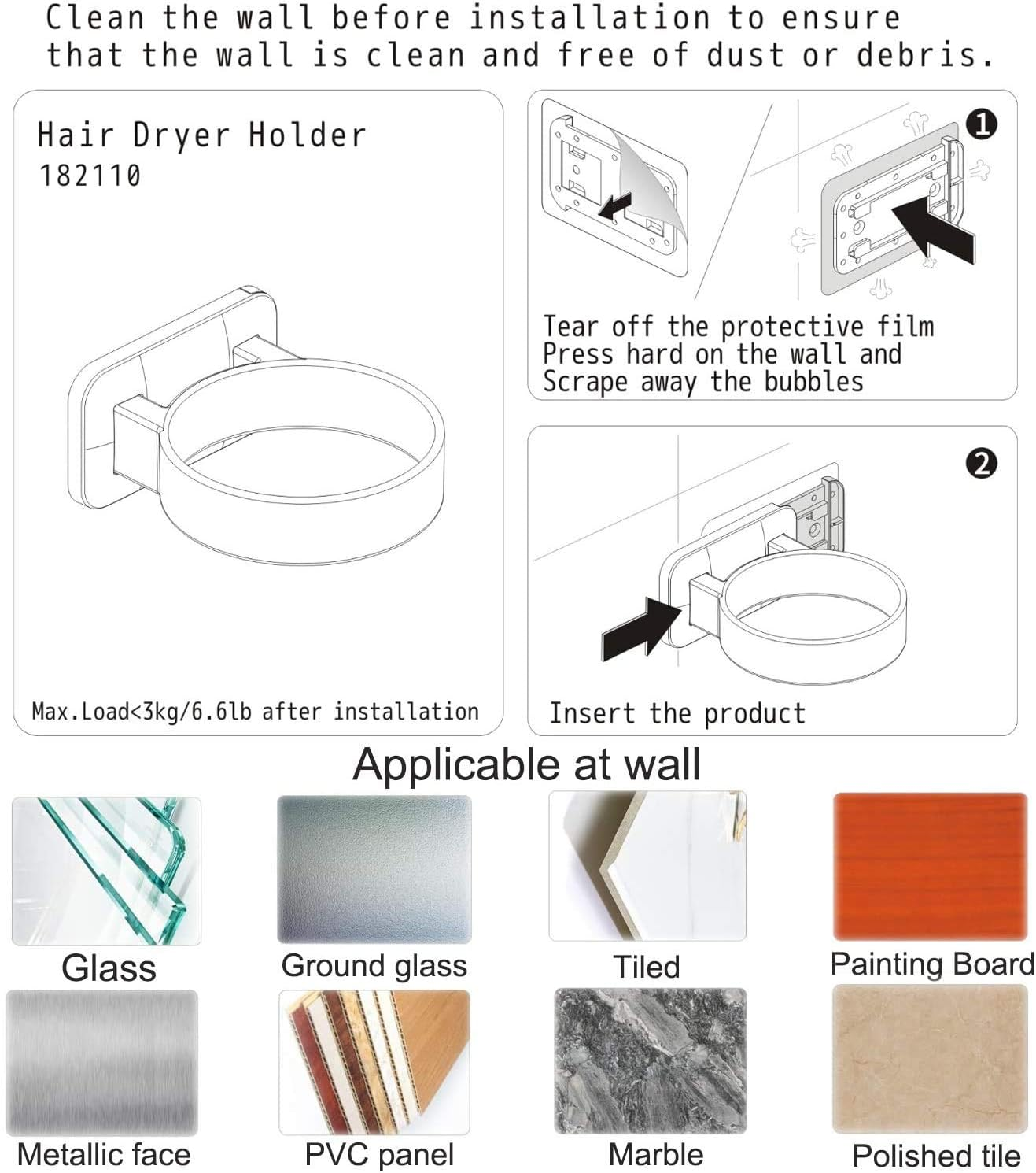 Hair Dryer Holder Adhesive Pad, Adhesive Replacement It Lends Itself to Hair Dryer Holder (C- Black, L 3.9&rdquo;&times;W 2.5&rdquo;&times;H 0.5&rdquo;) image number 4