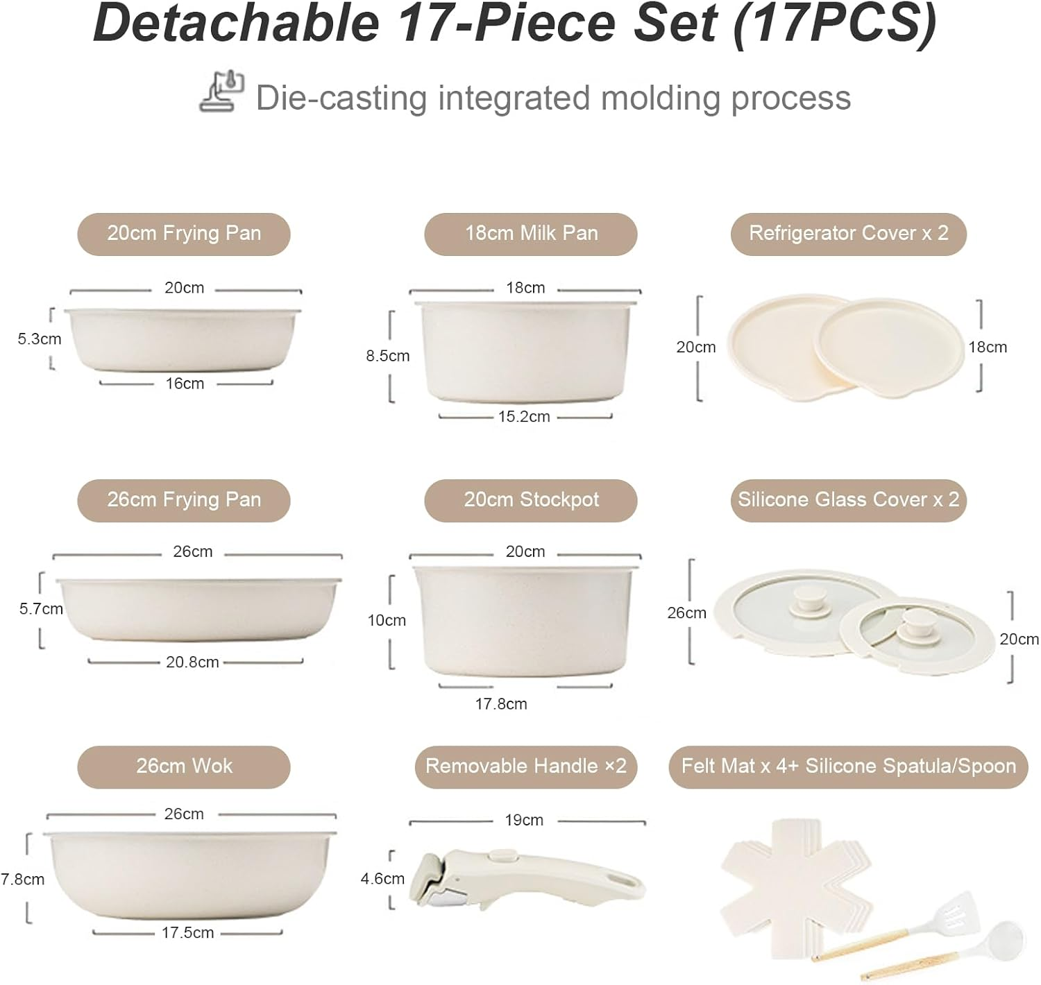 17 Piece Pots and Pans Set, Nonstick Kitchen Cookware Set, Ceramic Induction Detachable Handle Cookware, Non Stick Cookware Pan Set with Removable Handle for All Stove Tops, PFAS and PFOA Free image number 4