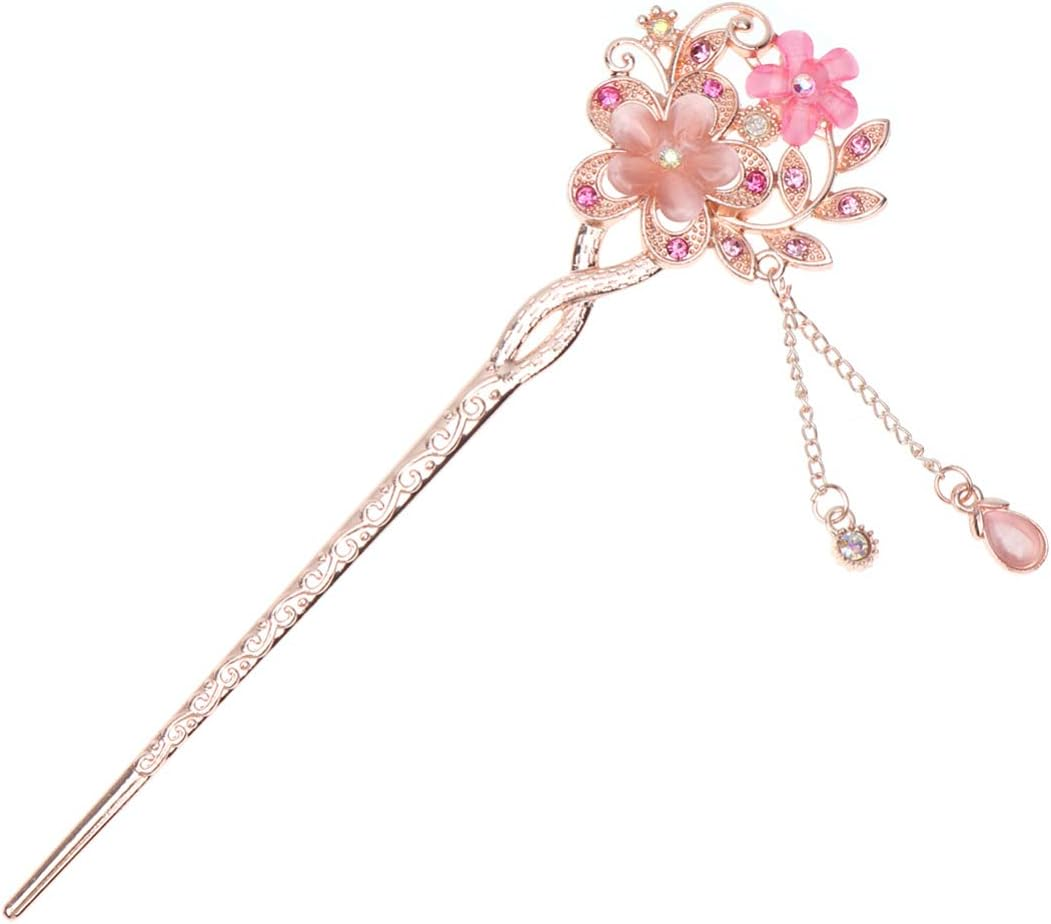 Minkissy Rhinestone Flower Hair Sticks Blue Cat'S Eye Gemstones Vintage Chinese Hanfu Hair Chopsticks with Tassel Floral Hairpins Hair Styling Accessories