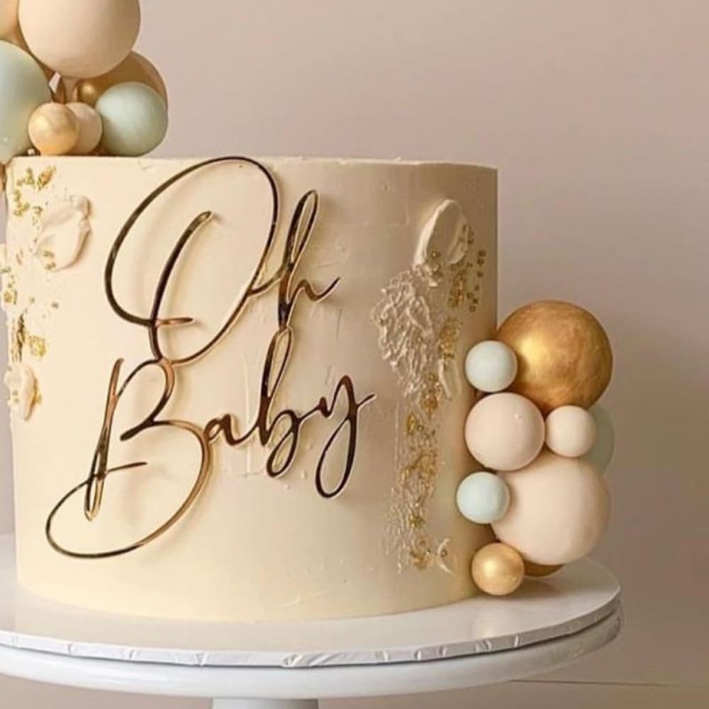 Oh Baby Cake Topper, Golden Acrylic Baby Party Cake Decoration, Baby Baptism or New Baby Gender Reveal Party Cake Decoration image number 3