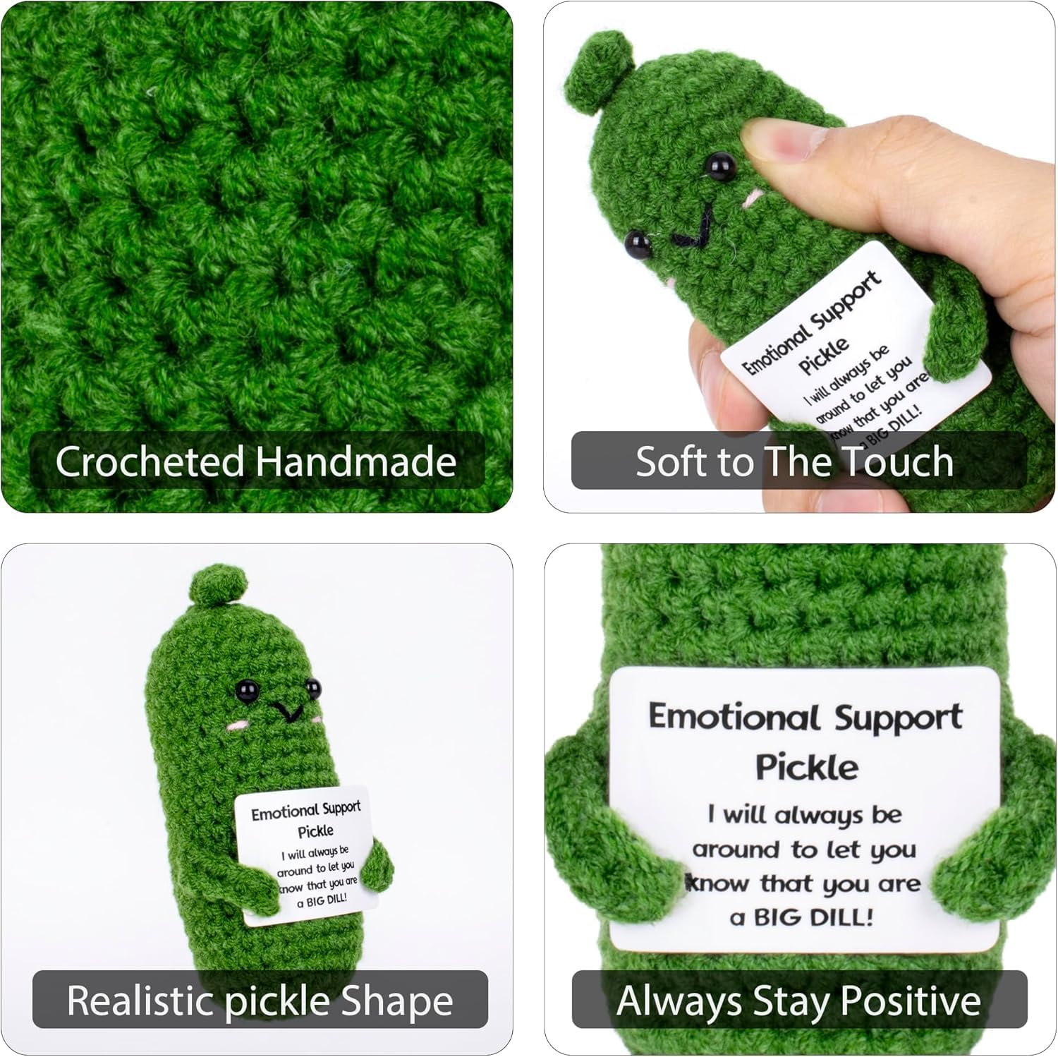 Weforu Emotional Support Pickle, Handmade Pickled Cucumber Gift with Stand,Positive Card and Organza Bag. Cute Wool Inspirational Pickle Crochet Doll Plush for Friends Party Christmas image number 1