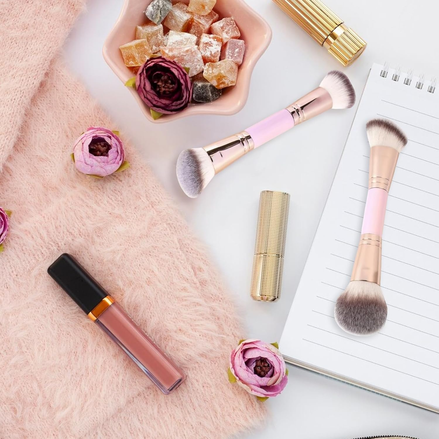 YSHIGUING Professional Double Ended Makeup Brush &ndash; Foundation & Concealer Brush for Liquid, Powder, Blush &ndash; Soft Bristles for Flawless Blending (Pink) image number 4