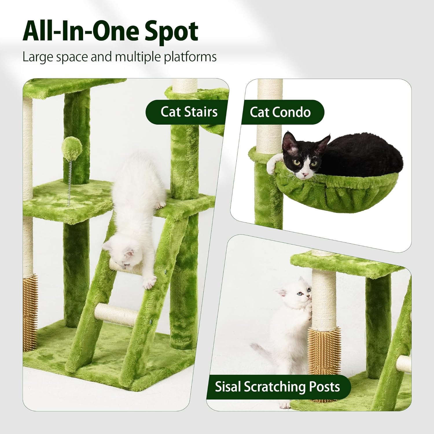 Meecal 65In Tall Cat Tree with Leaves for Indoor Cats, Green Cat Tower with Scratching Post,Hanging Hammock,Cozy Perch,Swing Ball,Self Groomer and Cat Ladder,Cat Tree Tower
