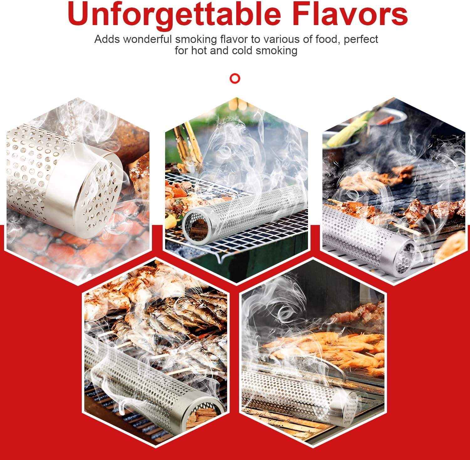 Premium Pellet Smoker Tube,Stainless Steel BBQ Wood Pellet Tube Smoker,5 Hours of Billowing Smoke - Hot or Cold Smoking,Smoker Tube with Brush and Hook for All Grill, Smoker (Silver) image number 3