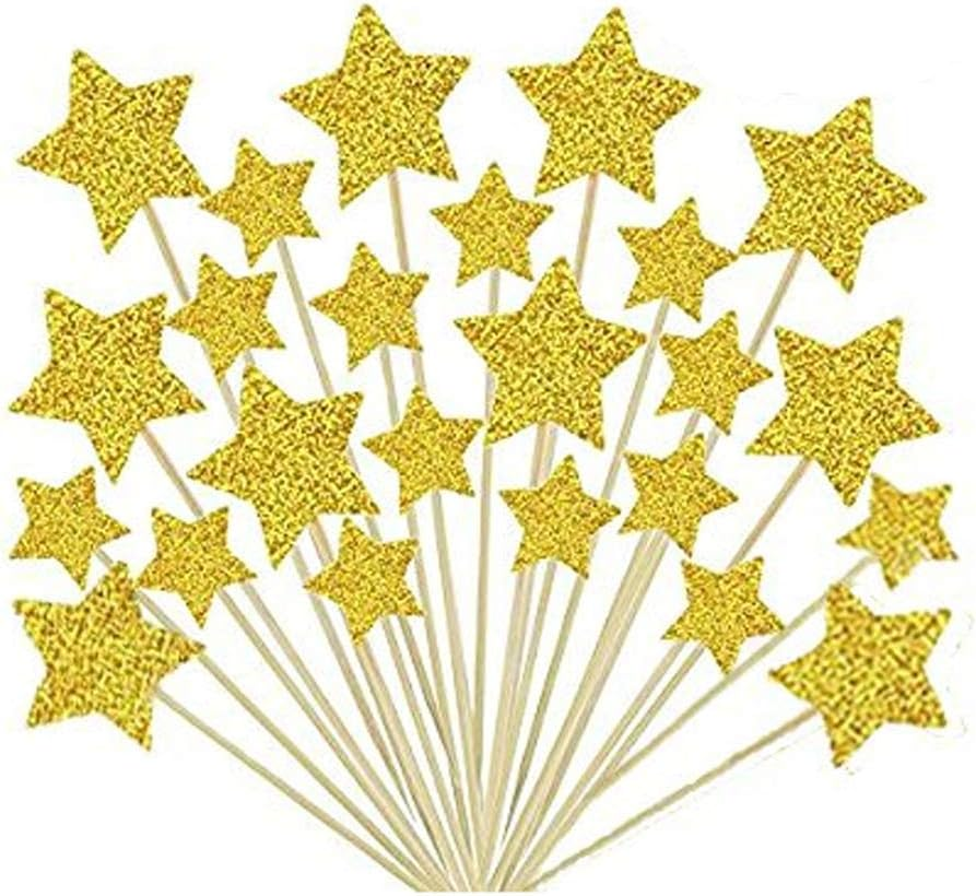 60 Pcs Gold Star Single Sided Cupcake Toppers Cake Decorations for Birthday, Wedding, Party, Ceremony and More (30 Big and 30 Small)