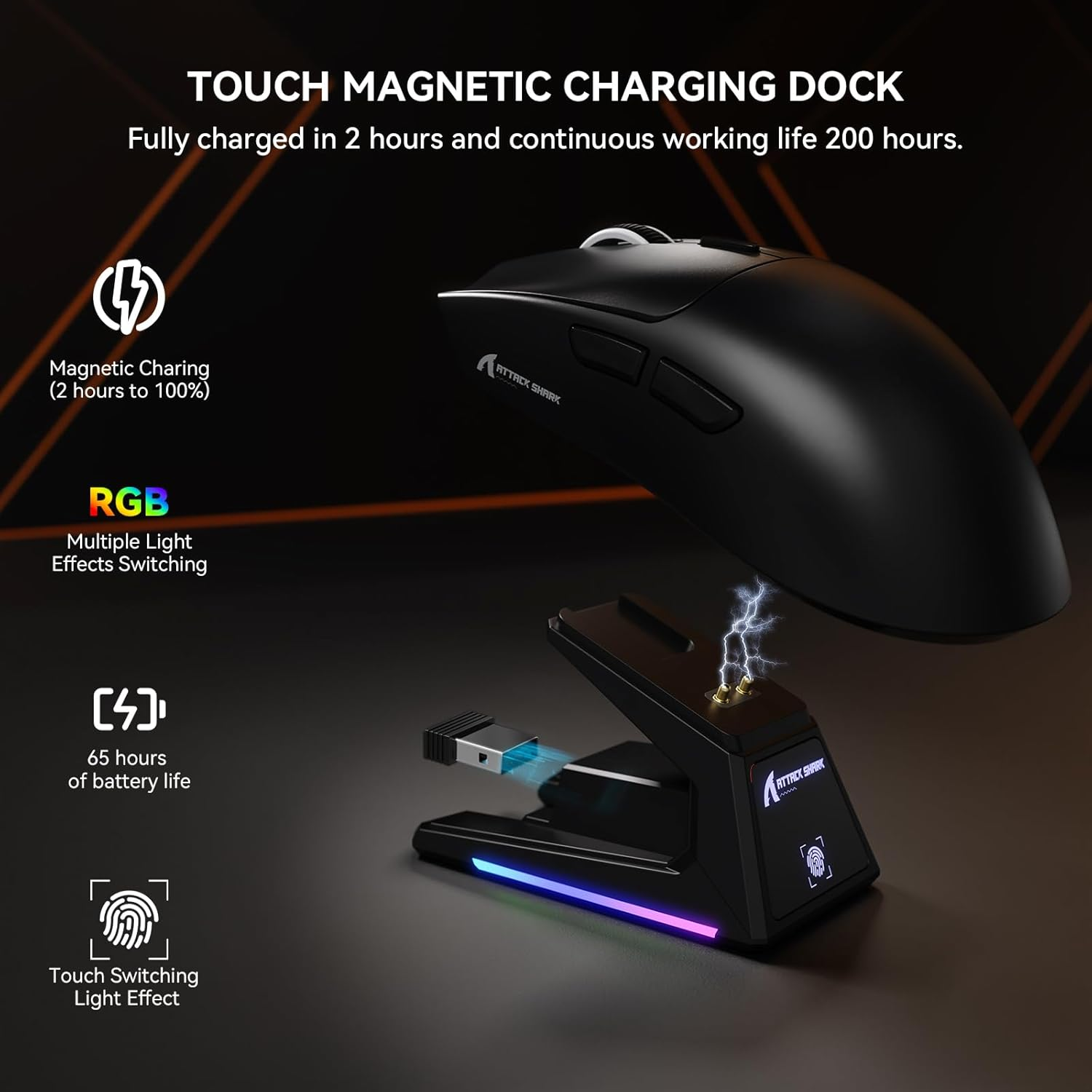 ATTACK SHARK X1 Superlight Wireless Gaming Mouse with RGB Magnetic Charging Dock, BT/2.4G/USB-C Wired Gaming Mouse, PAW3395PRO Sensor, 40000DPI, Office Mice for PC, Mac, PS5, Xbox - Black - Red image number 5