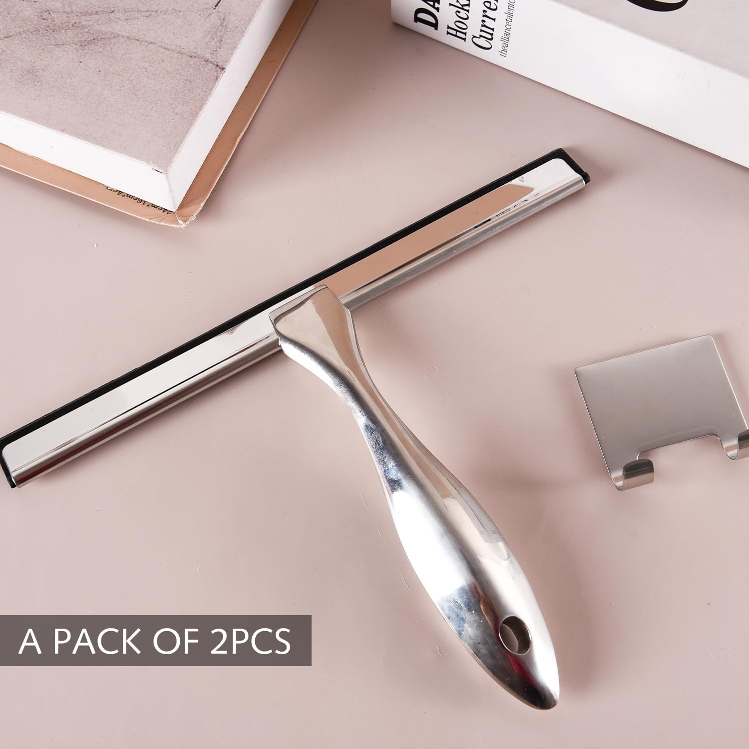 25 Cm Professional Window Squeegee, Pack of 2, Black Shower Squeegee, Stainless Steel Window Wiper with Rubber Lip, Squeegee for Shower, Bathroom, Mirror, Glass Cleaning, Tiles, Window Cleaner image number 2