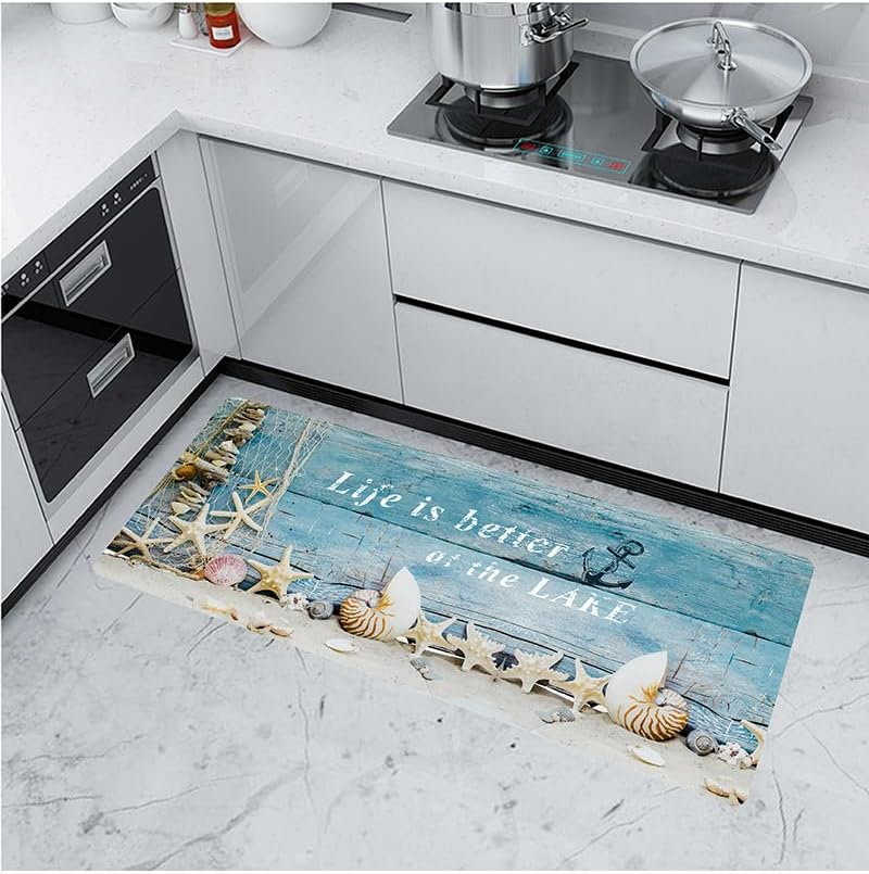 PCSWEET HOME Beach Wood Kitchen Rugs and Mats, Kitchen Floor Mat Non-Slip, 2 Piece Kitchen Rugs Set,Kitchen Mats for Floor, Boho Kitchen Runner Rug (Lake Blue, 50Cm X 80Cm + 50Cm X 120Cm) image number 3