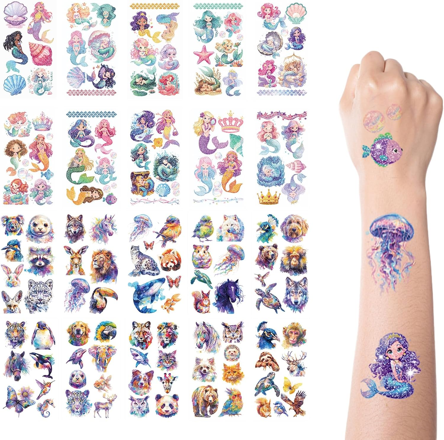 20 Sheets Temporary Tattoos for Children, with Watercolour Animals and Glitter Tattoo Mermaid, Easy to Paste Children'S Tattoos for Boys and Girls Such as Parties and Festivals image number 5