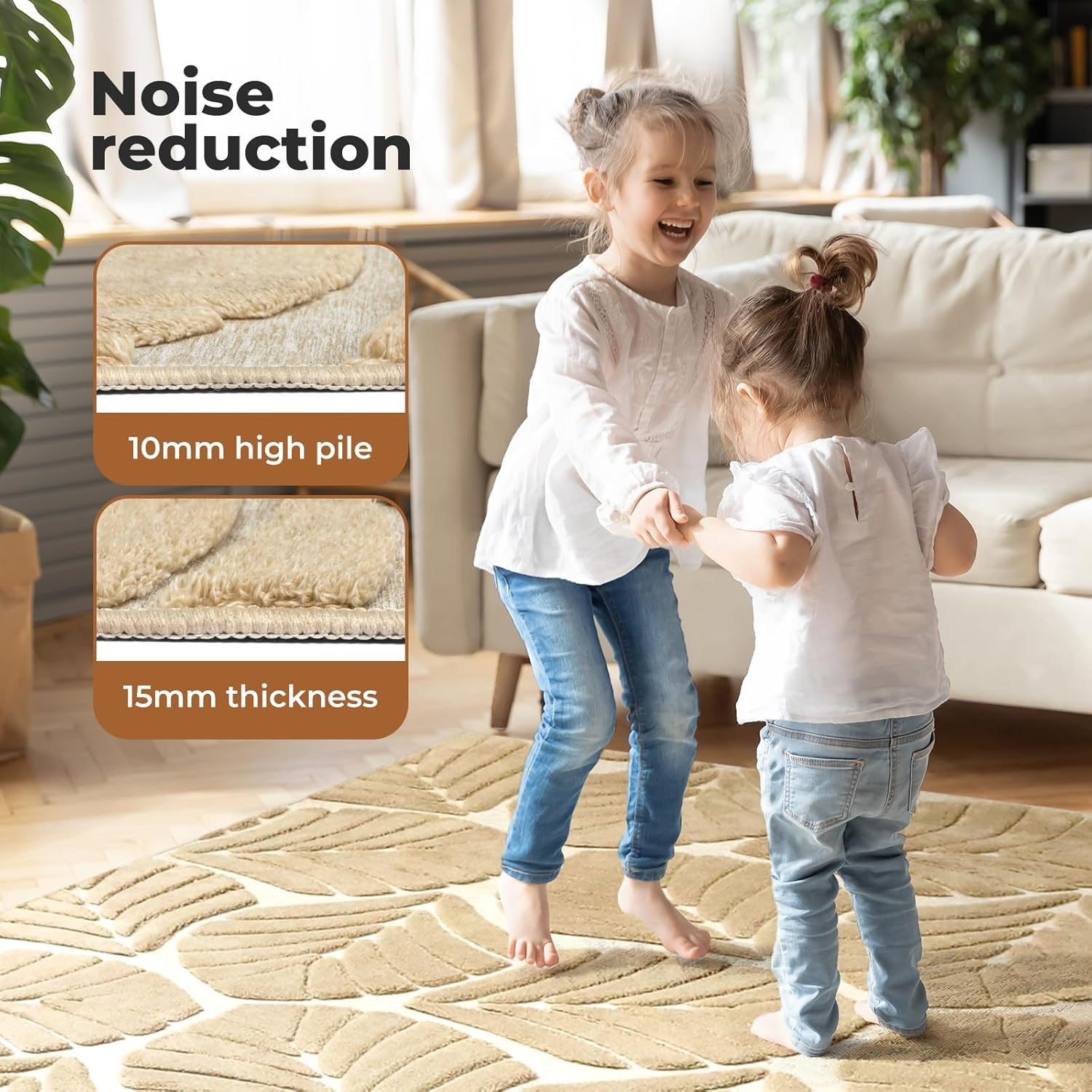 Marlow Area Rug 200 X 230Cm with Non-Slip Backing Durable Floor Carpet Mat for Living Room Bedroom Home Decor Polyester Large Fluffy Shaggy Embossed Rug 10Mm Pile Washable Carpet (Leaf Brown) image number 3