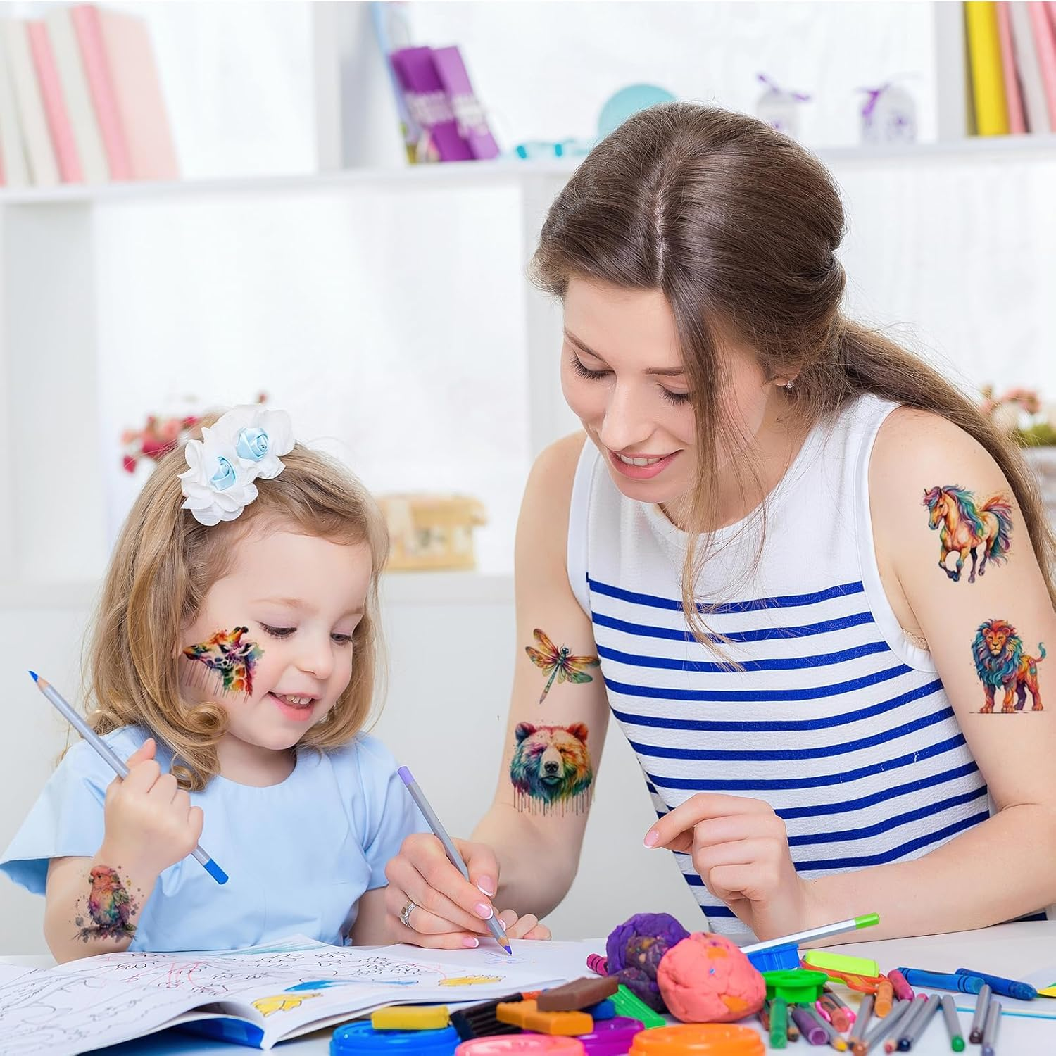 Pack of 10 Watercolour Animal Tattoos for Children, Waterproof Temporary Tattoos, Disposable Children'S Tattoos, Skin-Friendly, Adhesive Tattoos for Birthday Parties, Carnival Gifts, Classroom Rewards image number 2