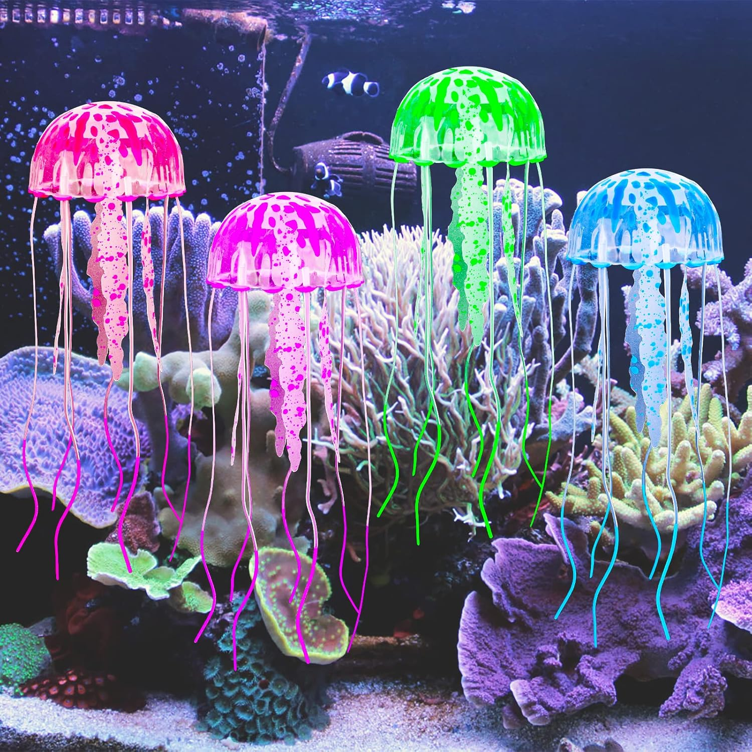 Giantree Aquarium Decorations, 4 Pcs Colorful Jellyfish Ornament with Luminous Effect Luminous Aquarium Decorations Fish Tank Ornament for Various Aquariums