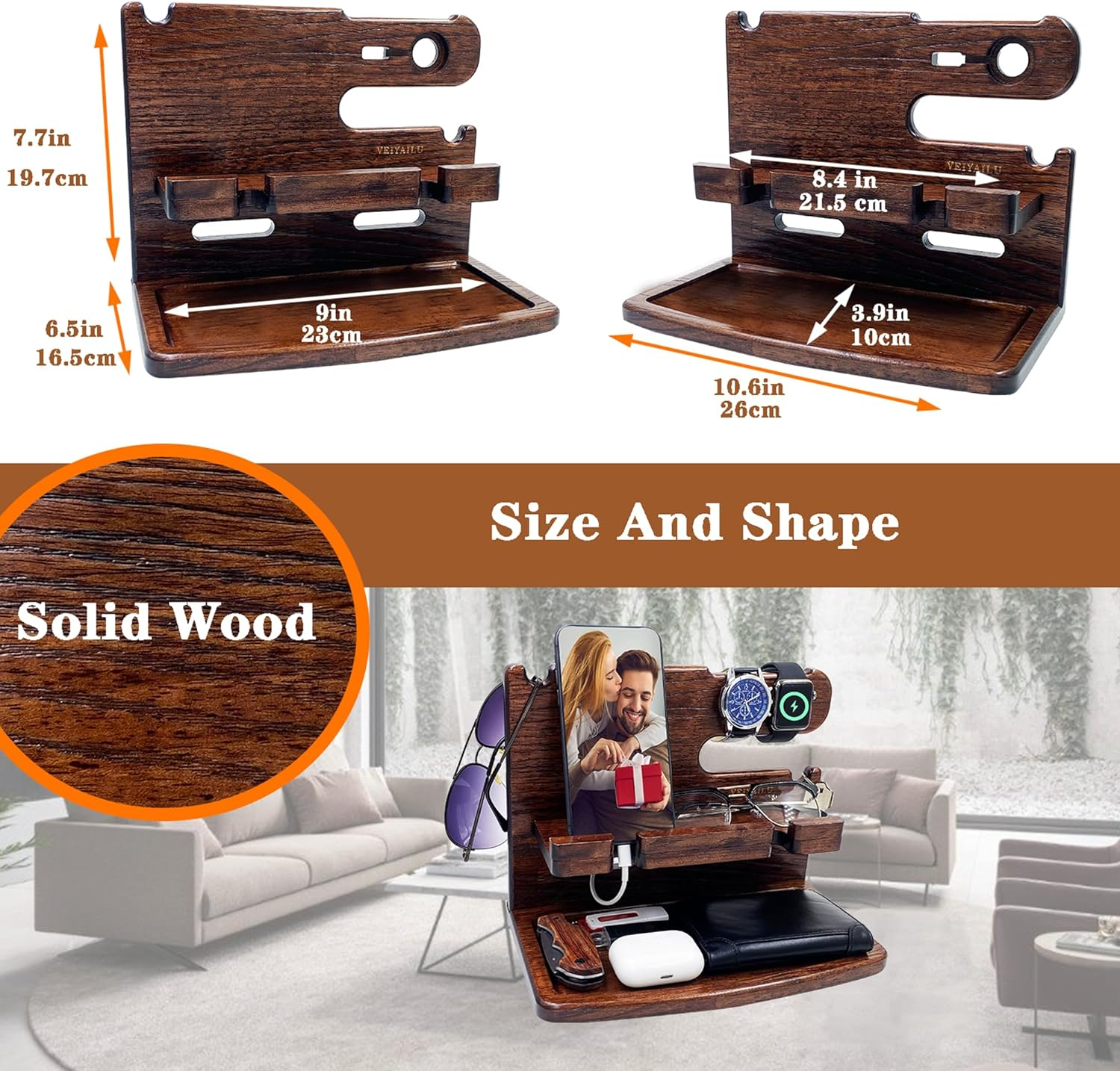 Gifts for Men Women Dad Husband Boyfriend Wood Phone Docking Station Nightstand Organizer for Men Birthday Gifts (Dark Brown) - White image number 2