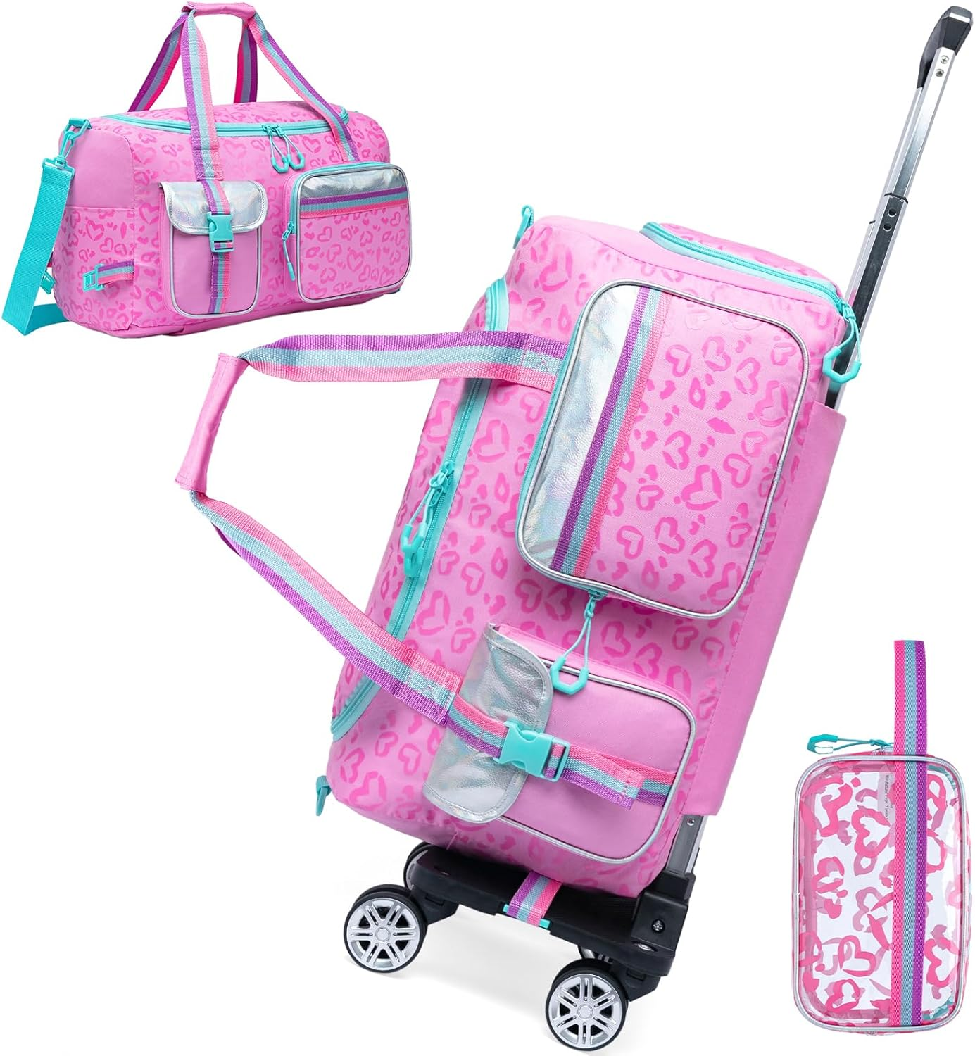 Kids Rolling Duffle Bag with Wheels Women Girls Duffle Bag with Wheels and Handle with Makeup Bag Travel Toiletry Bag, Pink Love