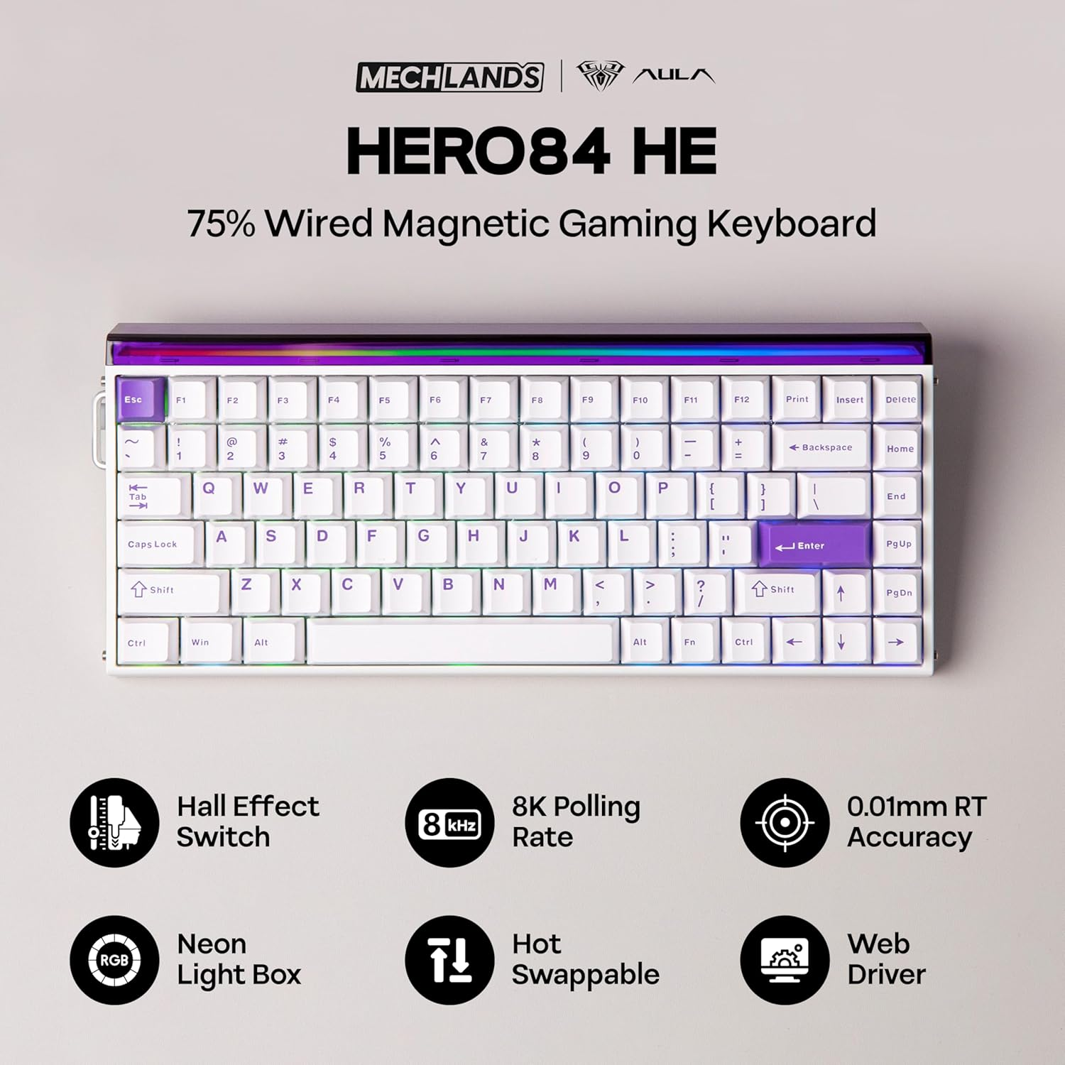 Mechlands Aula Hero84 HE Wired Magnetic Gaming Keyboard, Rapid Hall Effect Keyboard with 0.01Mm Adjustable Actuation, 8Khz Polling, 5-Layer Sound Dampening, RGB Lightbox & Backlit (White Purple) image number 4