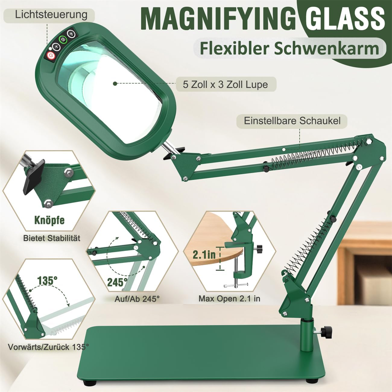 Veemagni 10 X Rectangle Magnifying Glass with Light and Stand, 5 Colour Modes Continuously Dimmable, 2-In-1 LED Illuminated Desk Lamp & Clamp, Hands-Free Reading Magnifier for Reading, Craft, Repair image number 5