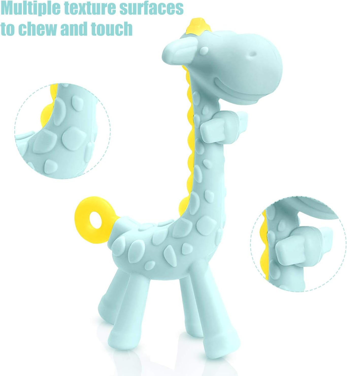 SHARE&CARE BPA Free 2 Silicone Giraffe Baby Teether Toy with Storage Case, for 3 Months above Infant Sore Gums Pain Relief, Set of 2 Different Teething Toys (Blue) - Blue image number 3