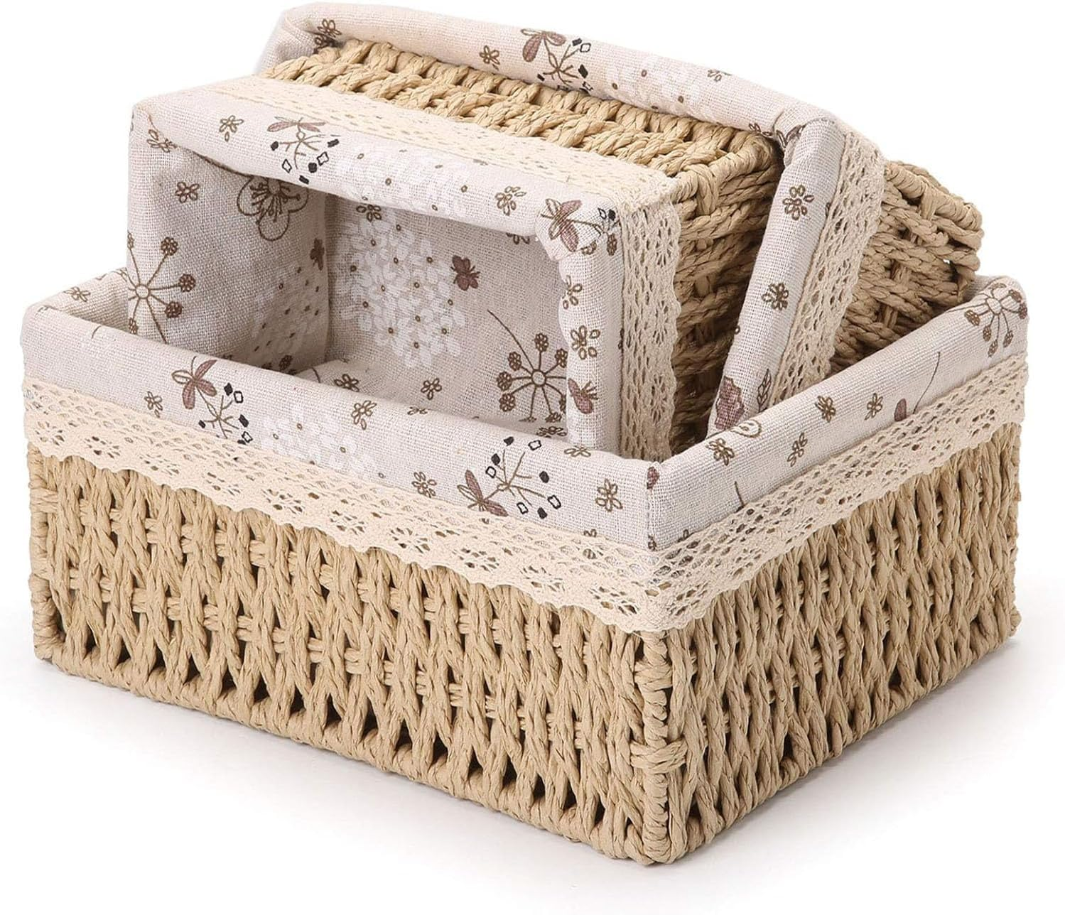 3Pcs Storage Baskets, Wicker Basket,Wicker Storage Basket,Storage Basket Set with Removable Liner for Organizing Shelf, Woven Baskets, Decorative Baskets, Rectangular Baskets