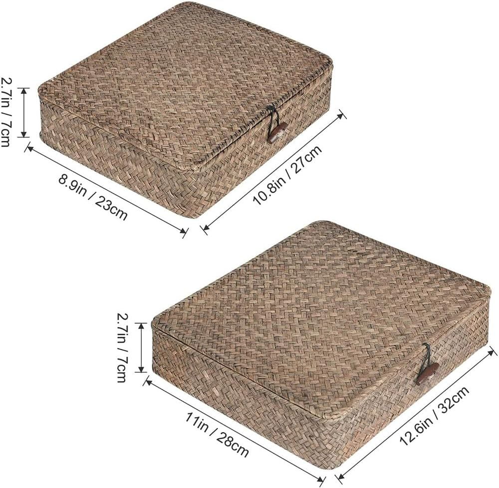 Set of 2 Flat Wicker Shelf Basket with Lid, Wicker Storage Baskets, Multipurpose Home Organizer, Woven Shelf Organizer Bins Home Utility Organizer Box for Home & Office Supplies image number 2