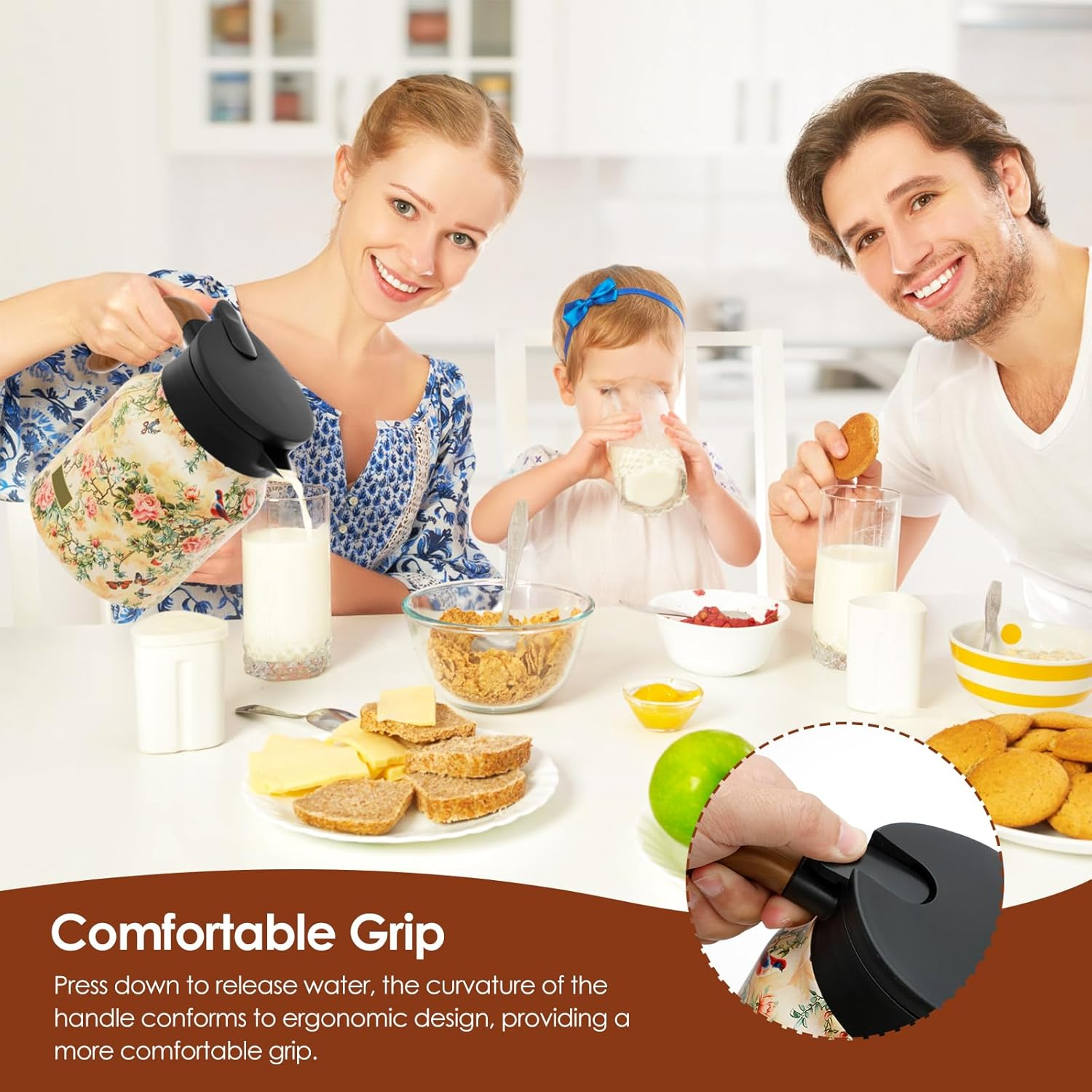 Thermal Tea Pot with Handle and Built in Infuser Stainless Steel Insulated Tea Kettle Flower Pattern Insulated Infuser Pot Practical Thermal Carafe for Home Office Zjmcajy(Beige) - Beige image number 2