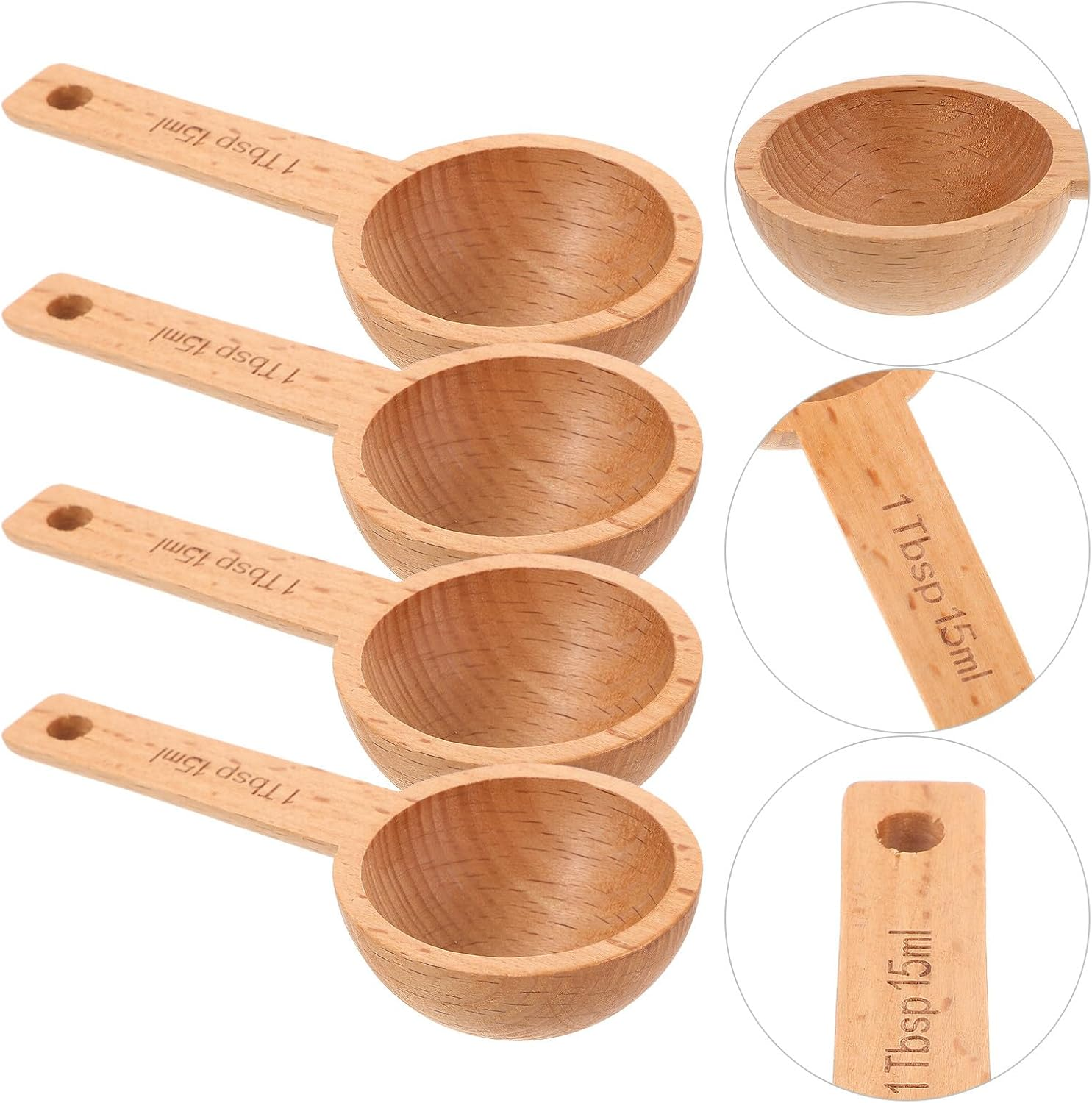 GALPADA 4Pcs Beech Wood Coffee Measuring Spoons 15Ml Wooden Coffee Scoops with Markings Small Measuring Spoons and Tea Kitchen Accessories image number 4