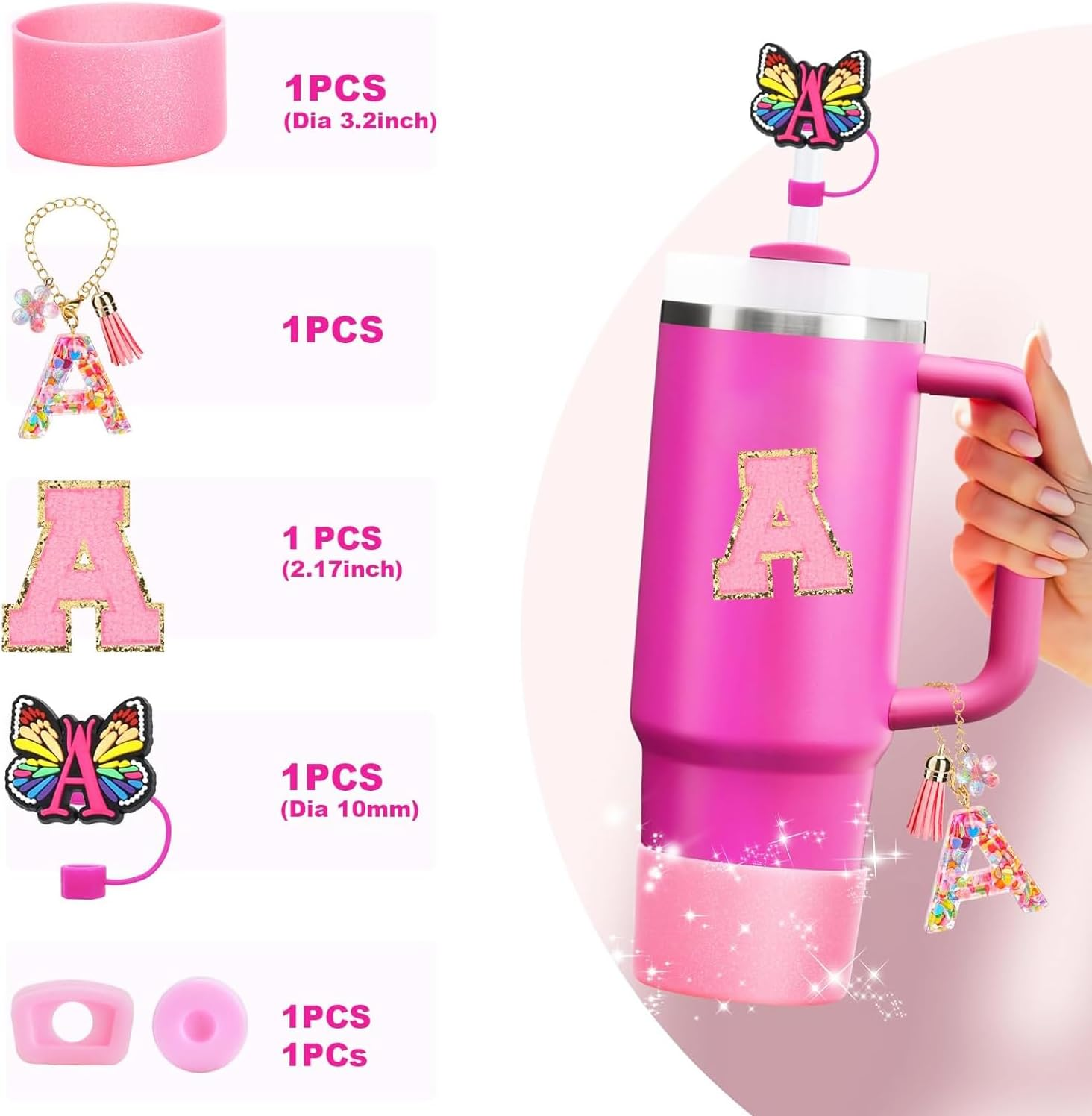 6PCS Cup Accessories Set for Stanley Cup 30Oz 40Oz,Tumbler Initials Decorations for Stanley,Including Silicone Straw Cover Cap and Boot,Spill Proof Stopper,Handle Charm,Sticker (Letter A) - Letter B image number 6