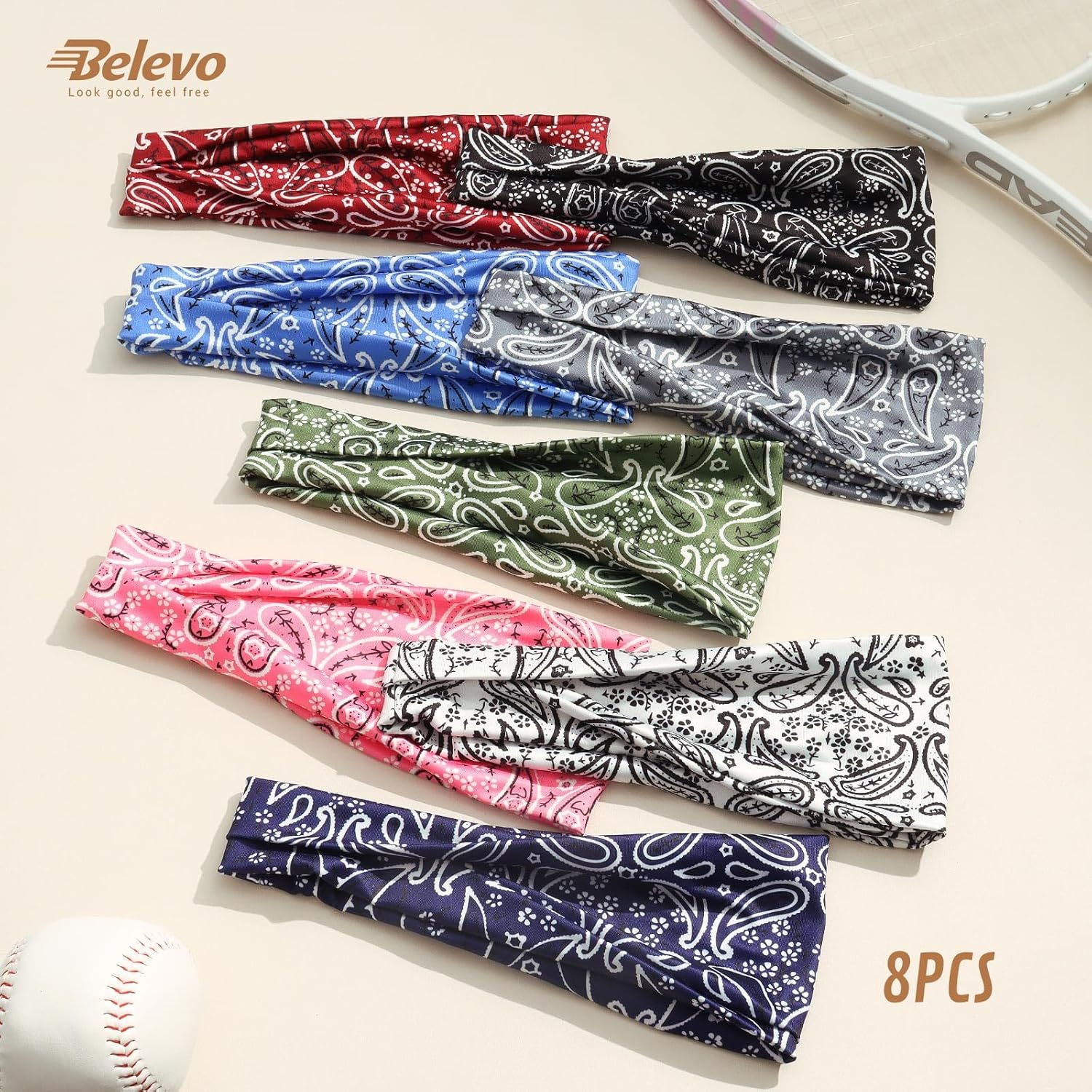 BELEVO Pack of 8 Women'S Elastic Headbands, Thin Non-Slip Hair Bands, Sports Headbands, Soft Headband Hair Band for Yoga, Exercise, Workout, Running, Gym image number 4