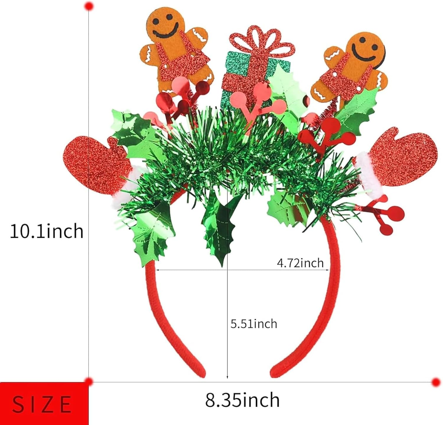 Itadaku Christmas Headband, Funny Gingerbread Man Hairband with Glitter Green Tassels, Festive Head Bopper for Women & Girls, Holiday Party Headdress Accessory