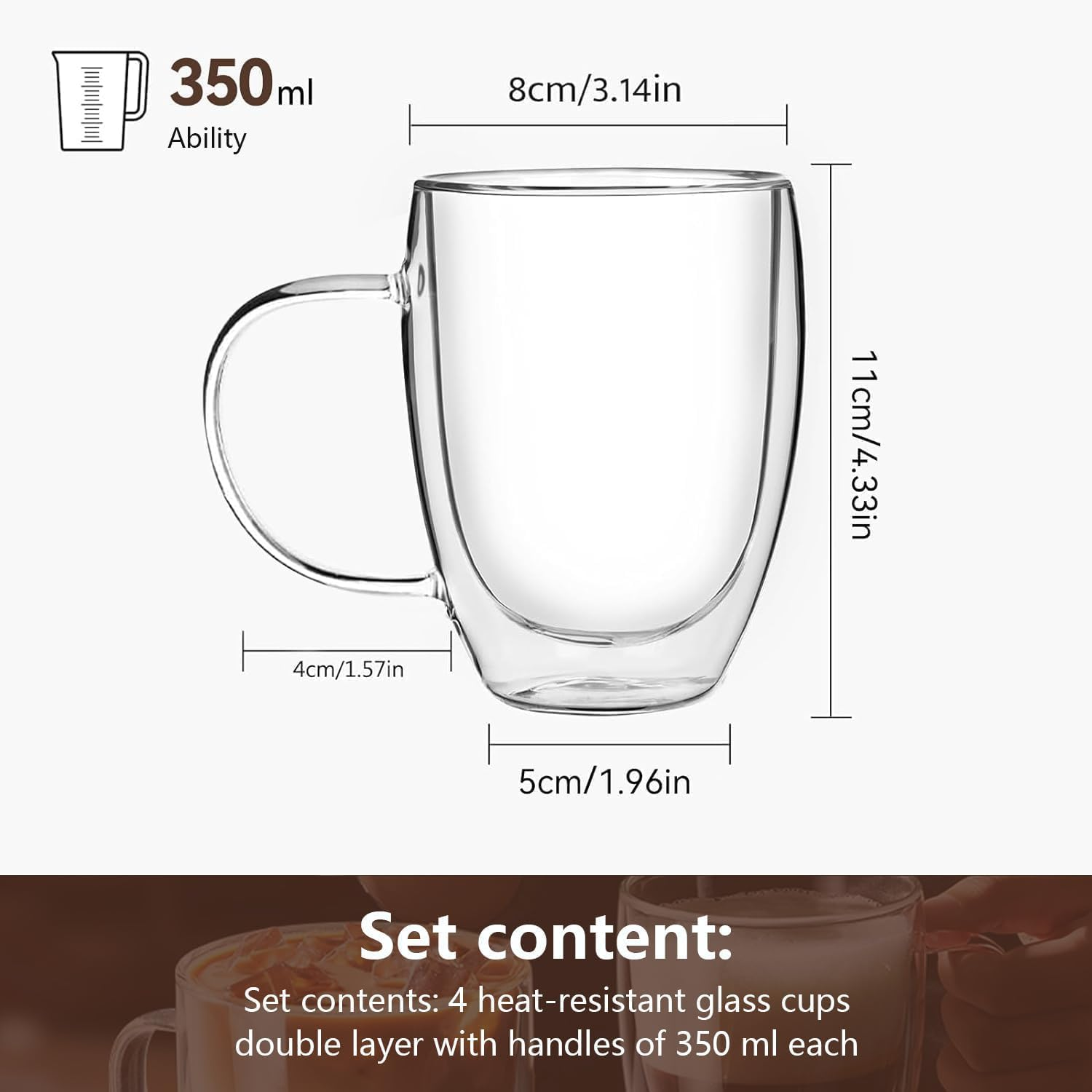 4 Pack Glass Coffee Mugs 350Ml Double Wall Insulated Mug Set with Handle,Clear Glass Espresso Mugs Latte Cups for Cappucchino Espresso Tea Coffee image number 2