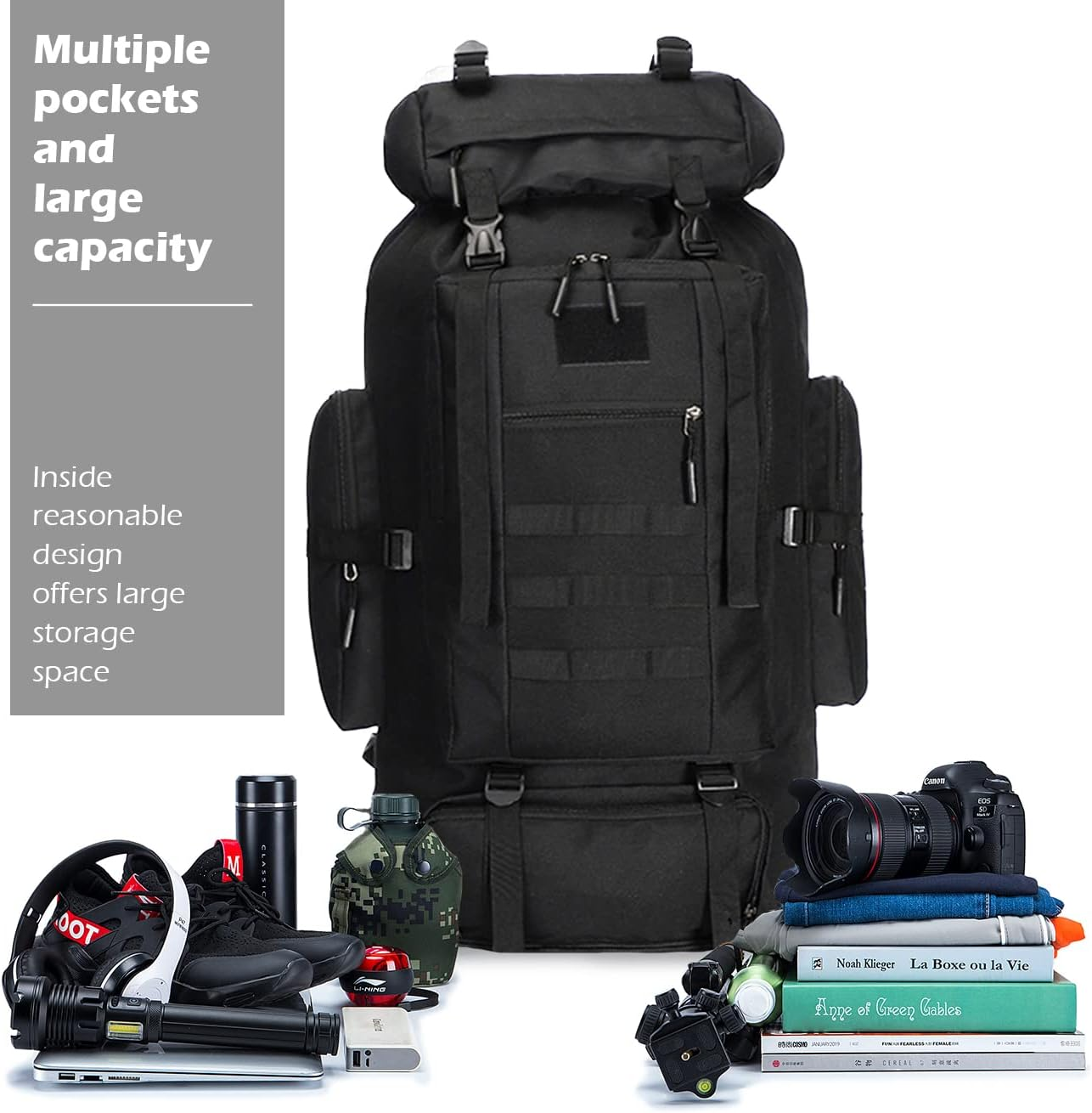 SUCIKORIO Tactical Backpack 100L Black Military Backpack Molle Assault Pack Army Outdoor Rucksack Great Capacity for Hiking, Camping,Trekking image number 3