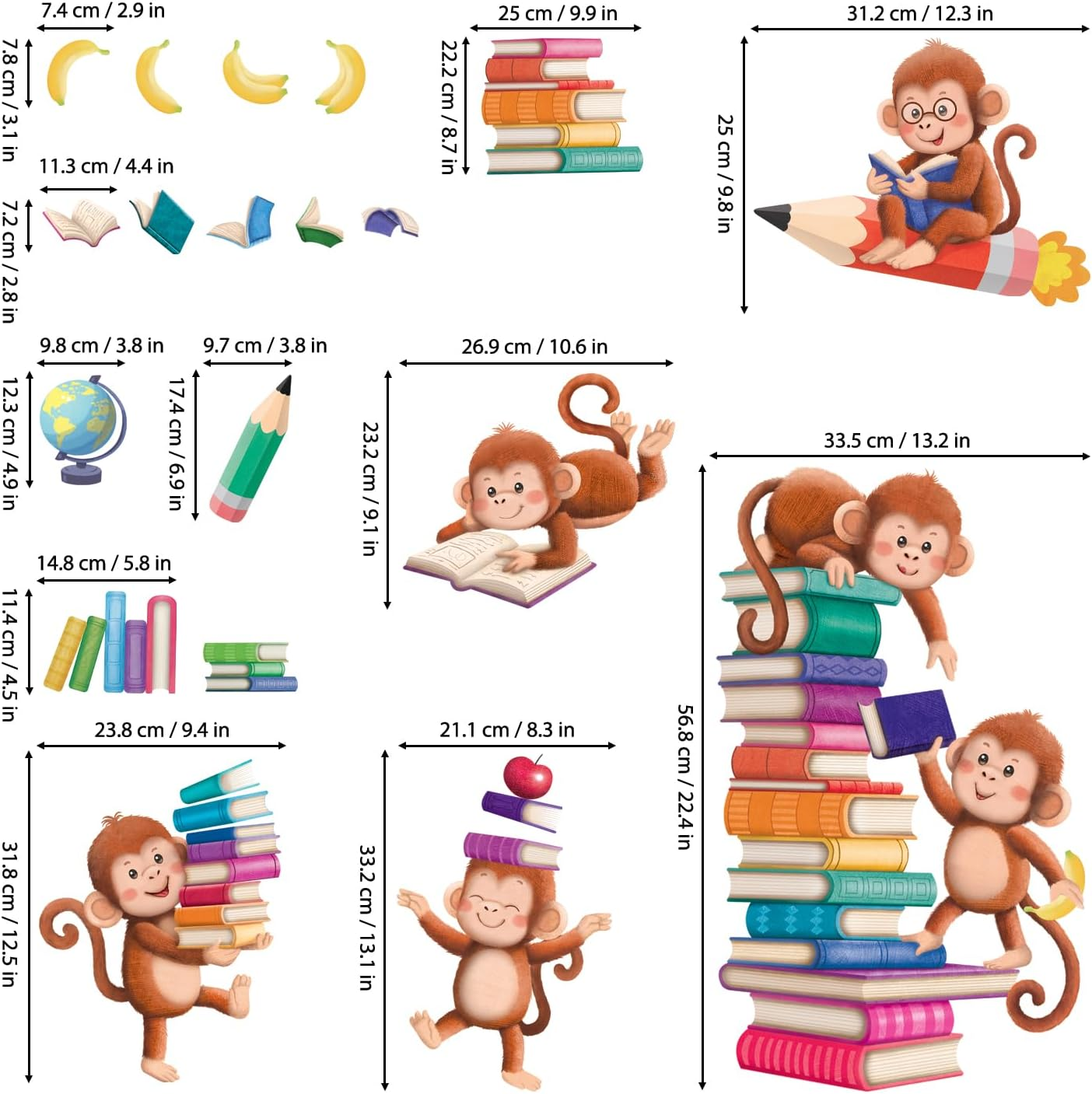 DECOWALL SG2-2402 Books with Reading Monkey Wall Stickers Book Inspirational Decals Baby Library Playroom Nursery School Classroom Animals Decals Removable