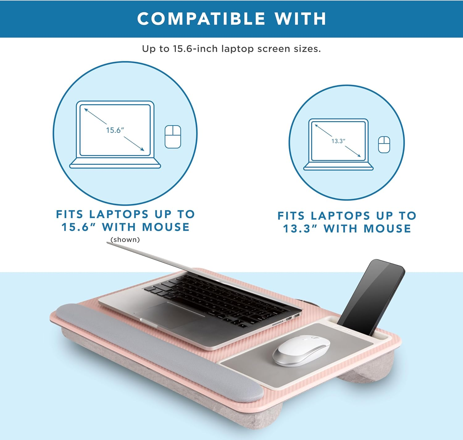 LAPGEAR Home Office Pro Lap Desk with Wrist Rest, Mouse Pad, and Phone Holder - Pink - Fits up to 15.6 Inch Laptops - Style No. 91604 image number 2