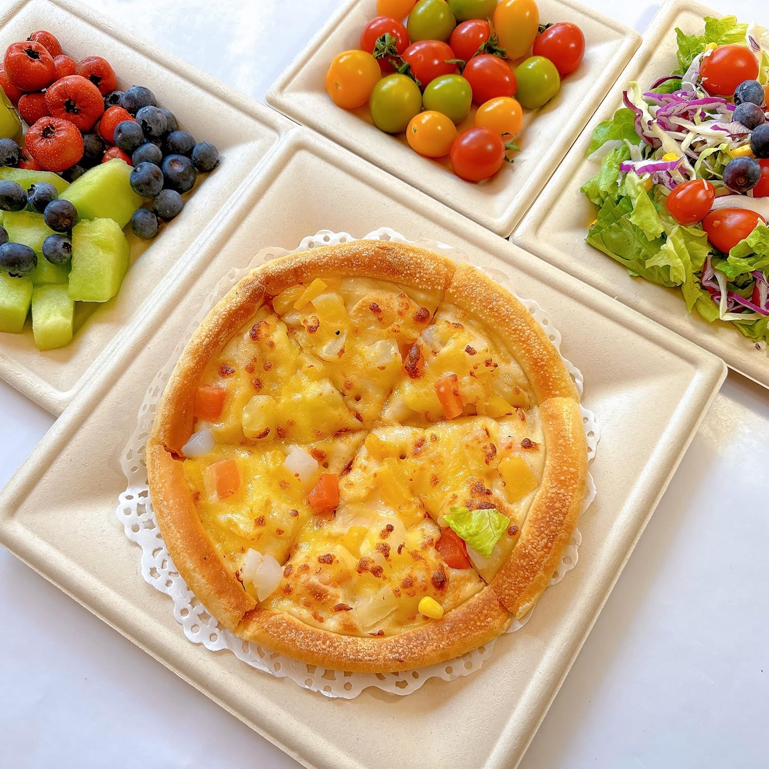 Xinligoods [6 Inch 50 Pcs] Biodegradable Square Disposable Paper Plates, Microwavable and Eco-Friendly, Sturdy, Suitable for Pizza, Dessert, Made of Bagasse Cane Fibers